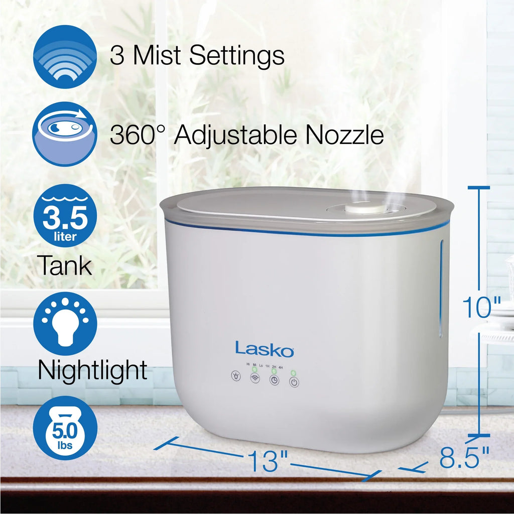 Lasko 0.92 Gallon, 18-Hour Cool Mist Ultrasonic Humidifier with Timer, 370 Sq. ft., UH250 - Exclusive Design