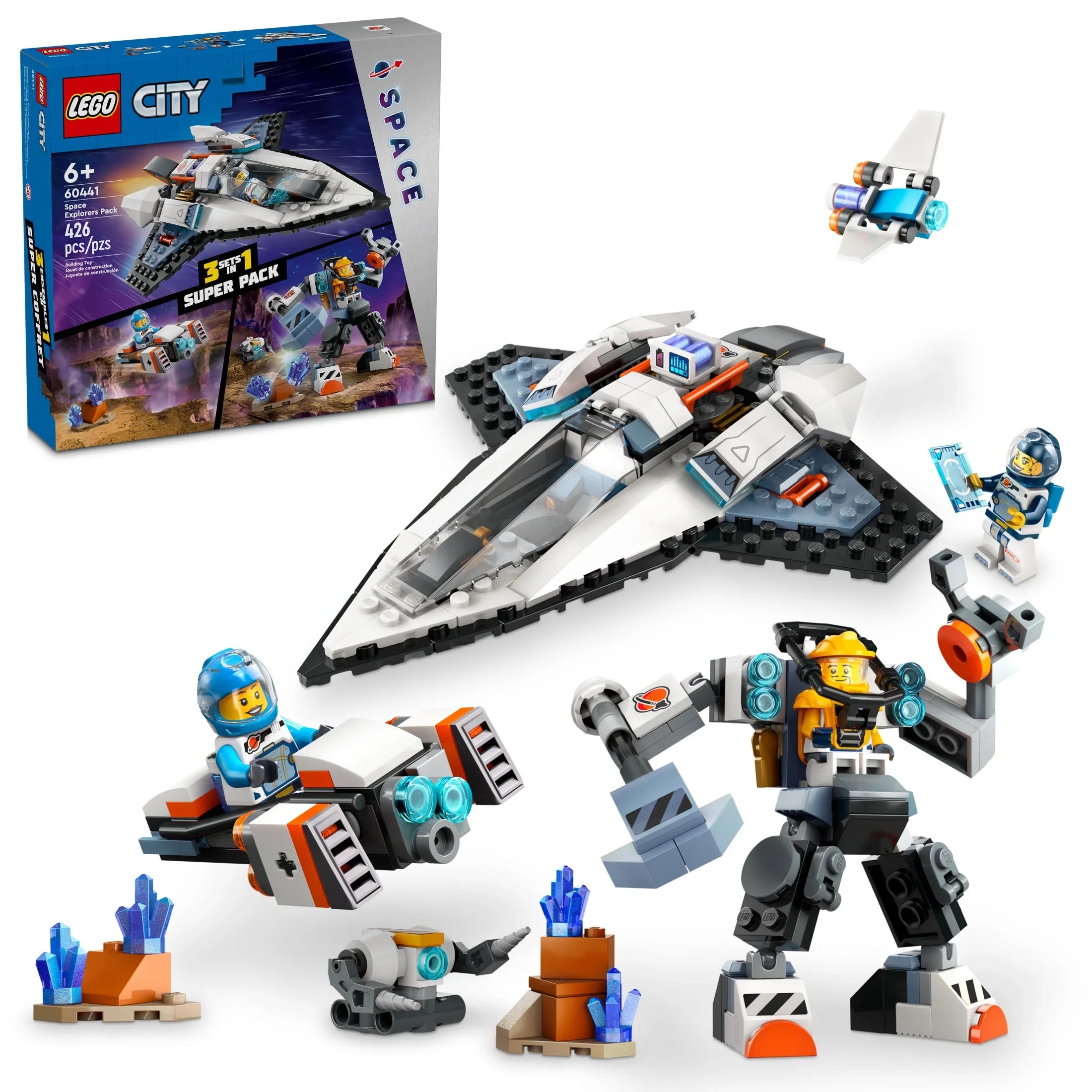 LEGO City Space Explorers Pack, Kidsâ Space Toy Playset Bundle for Boys and Girls Aged 6 and Up, 3 Building Sets in 1 Box, Space Gift Mech Toy, Interstellar Spaceship, Hoverbike, 3 Minifigures, 60441