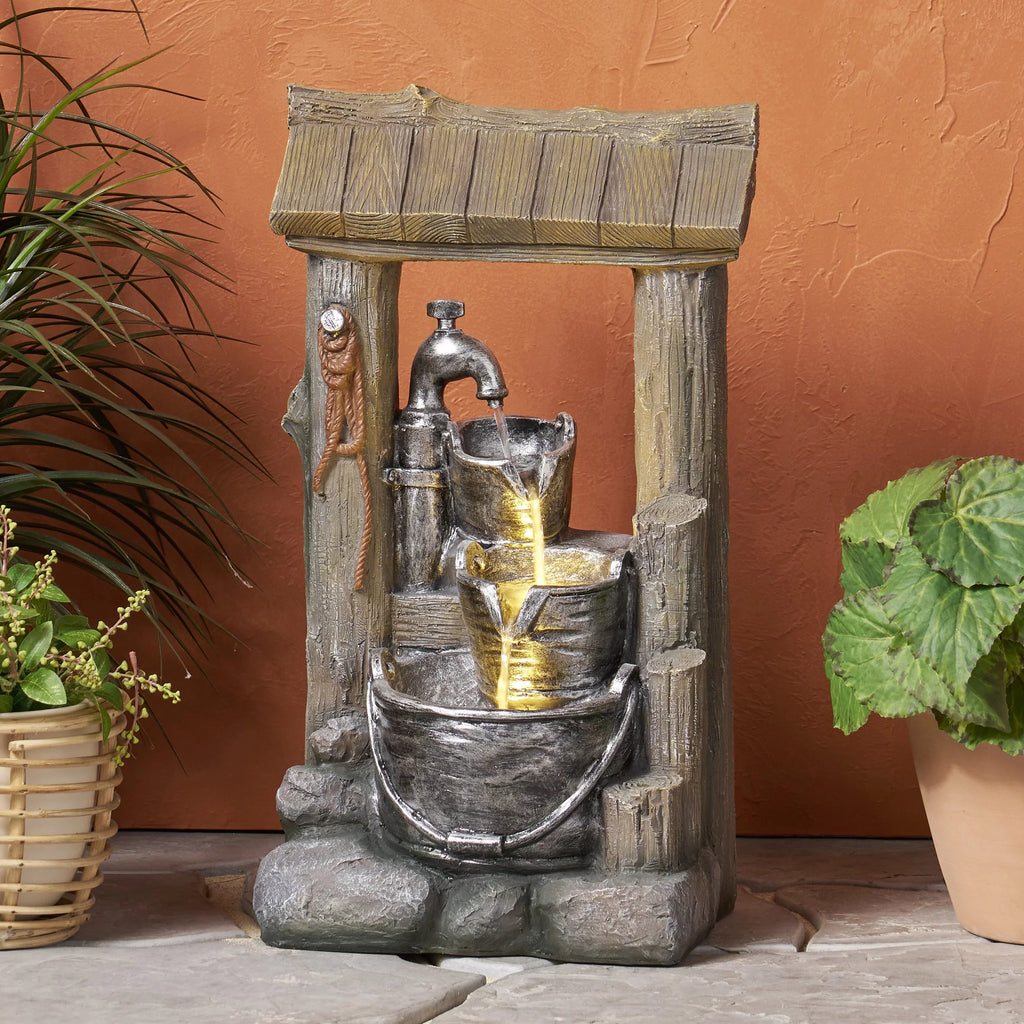 Stylish Noble House Berrien Outdoor 3-Tier Bucket Fountain, Brown and Gray