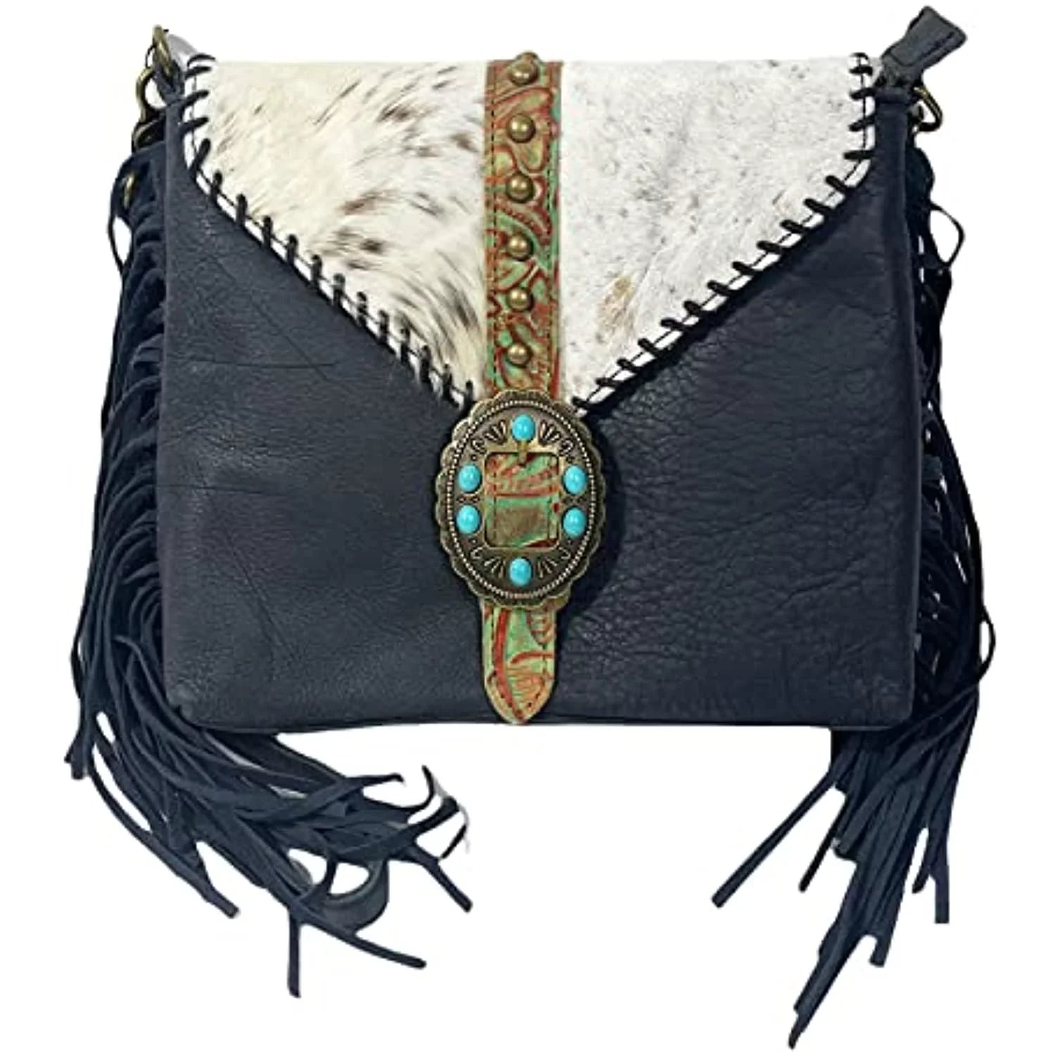 Stylish Urbalabs Western Crossbody Fringe Buckle Cowhair Leather Messenger Teal Stone Tooled Tote Bag Hand Stitched Purses (Blue)