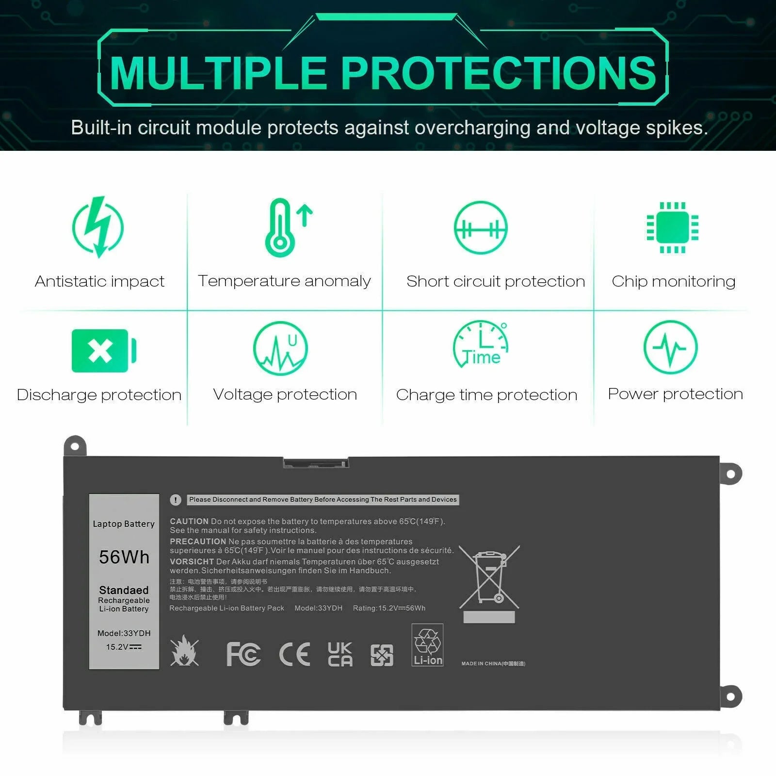 33YDH Laptop Battery For 3380 3590 3580 3480 3490 W7NKD P30E001 US