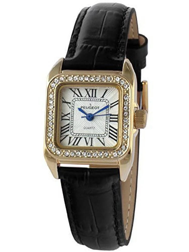 peugeot womens 14k gold plated square tank petite small black leather band luxury dress watch 3052bk - Exclusive Design