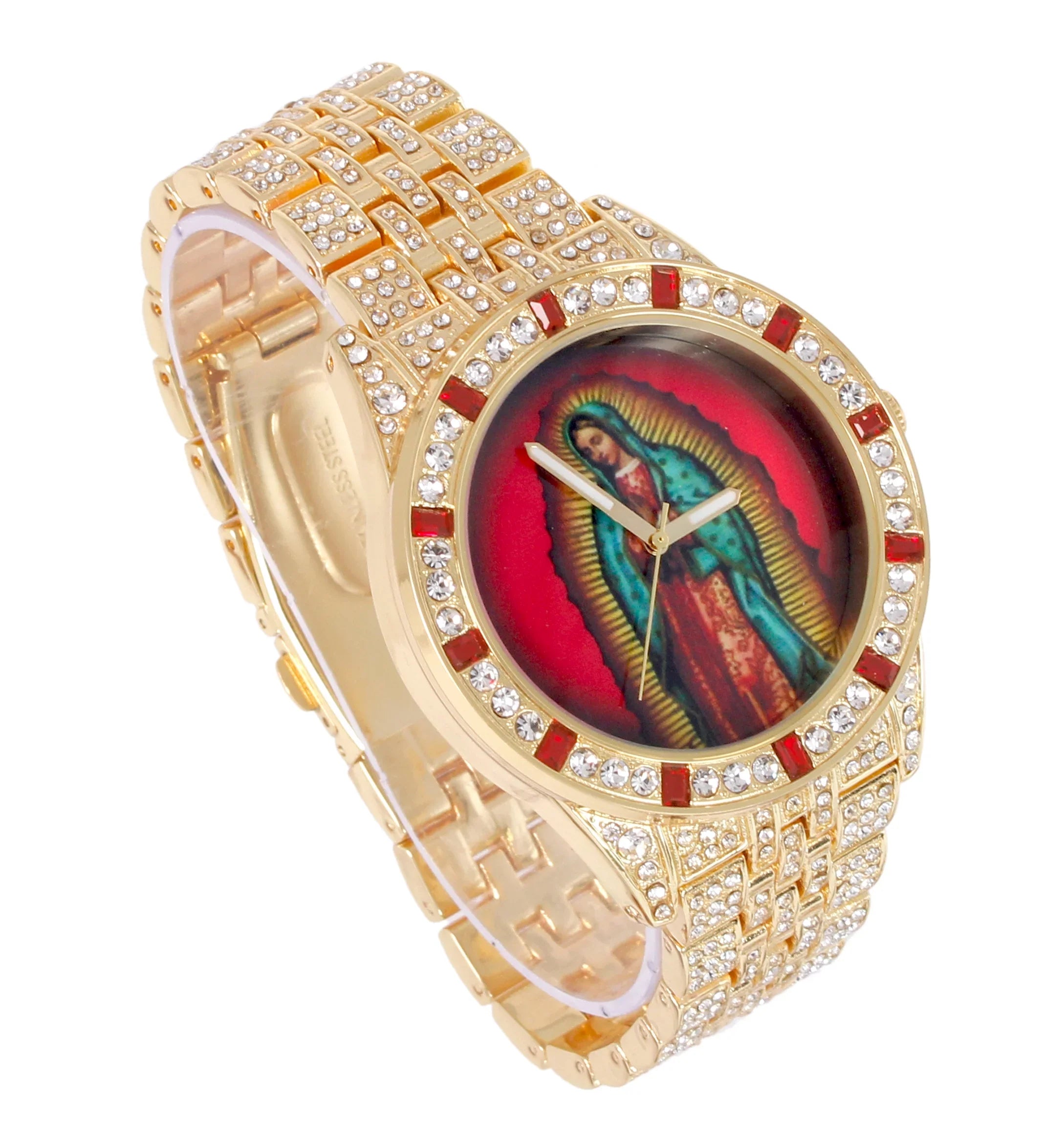 Charles Raymond The Virgin of Guadalupe Blessed Dial - Mens Hip Hop Metal Blinged Out Iced Out Wristwatch - Blood Red Baguettes and Clear Rhinestones on Trim - ST10226 BGS Single (Gold ST10361B)