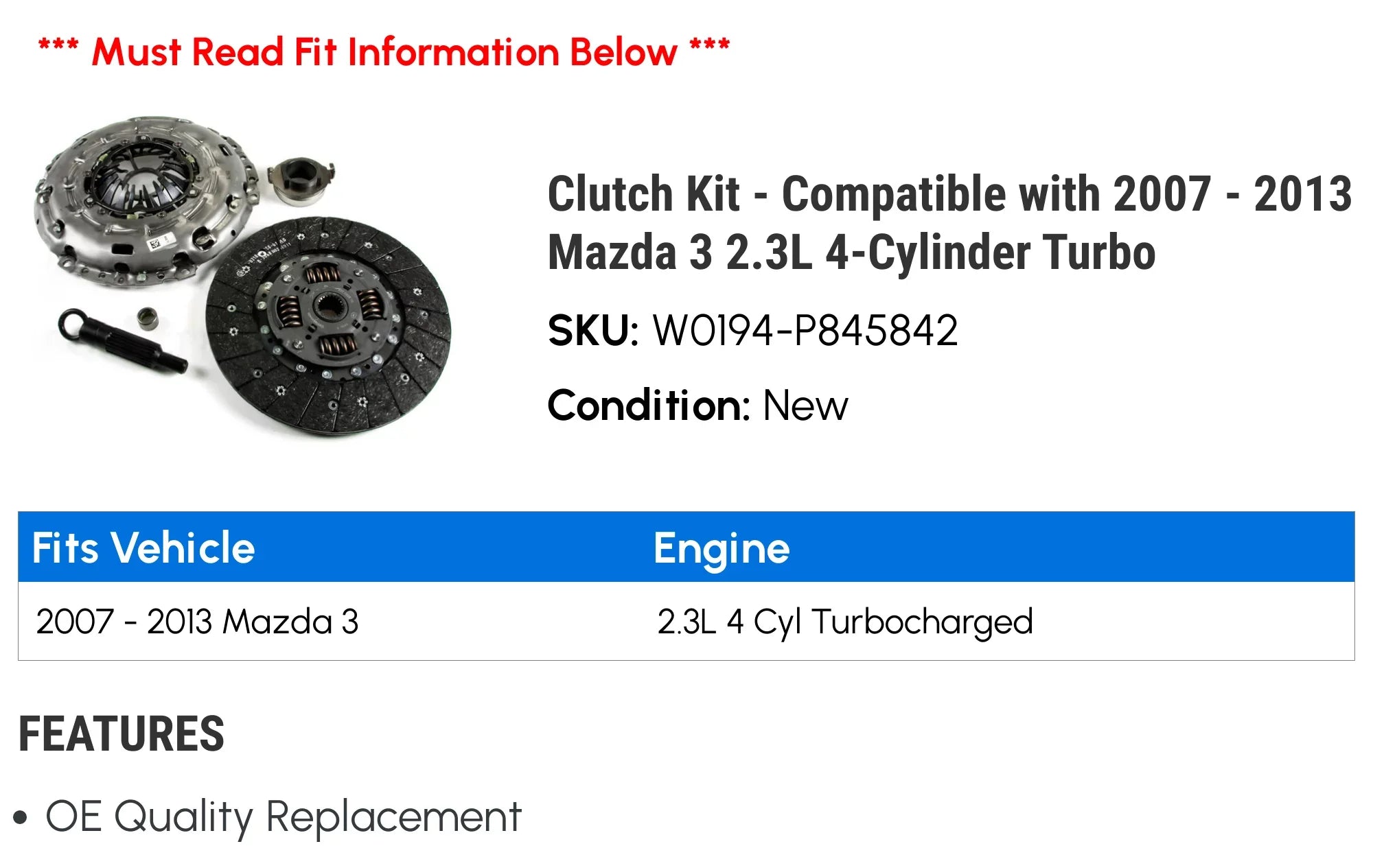 Clutch Kit - Compatible with 2007 - 2013 Mazda 3 2.3L 4-Cylinder Turbo 2008 2009 2010 2011 2012
