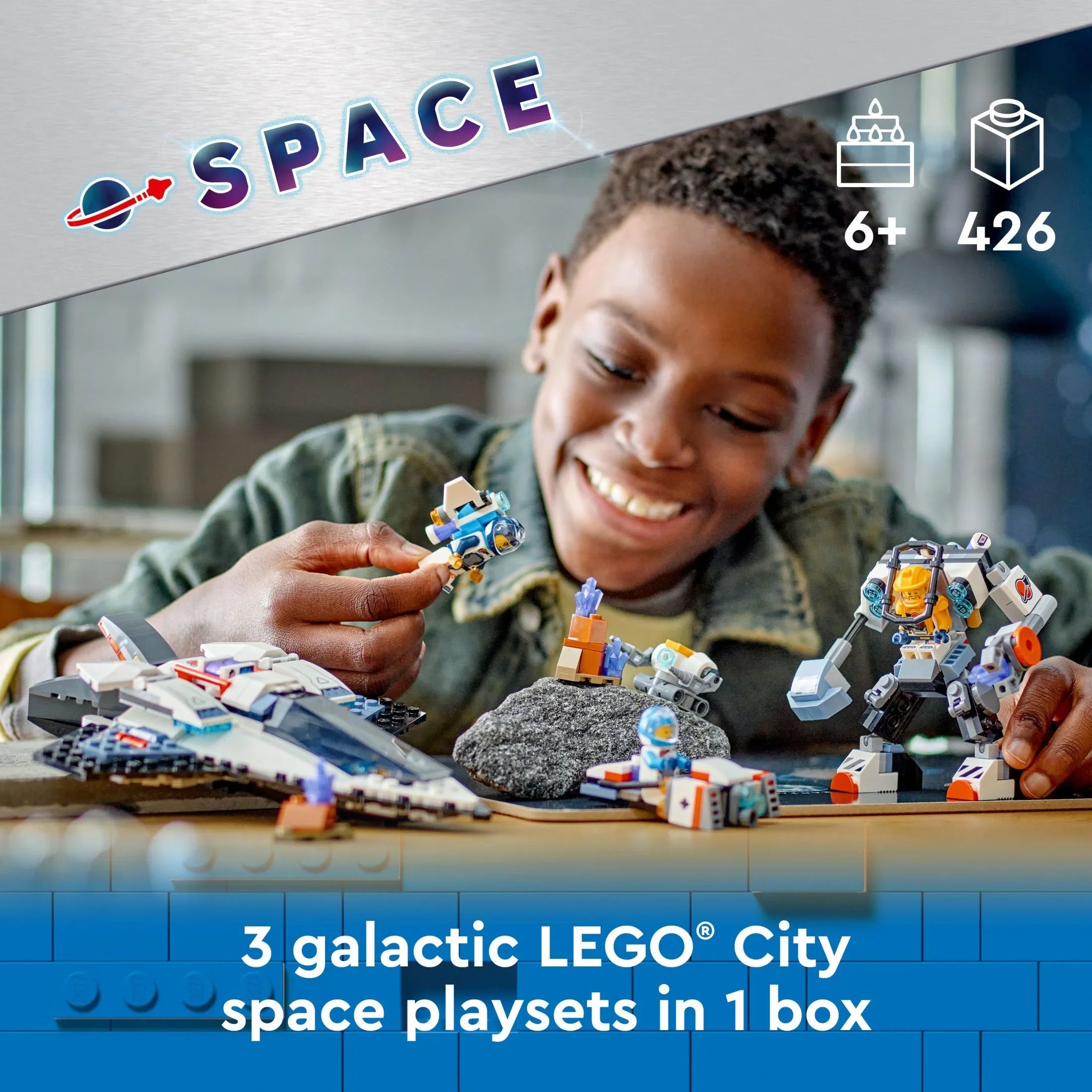 LEGO City Space Explorers Pack, Kidsâ Space Toy Playset Bundle for Boys and Girls Aged 6 and Up, 3 Building Sets in 1 Box, Space Gift Mech Toy, Interstellar Spaceship, Hoverbike, 3 Minifigures, 60441