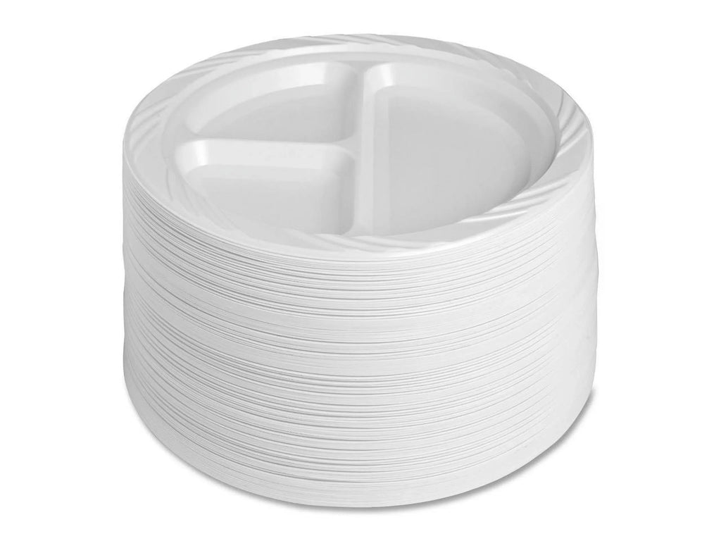 Genuine Joe 3-section Round Plastic Plates, 9", 125 Pack, GJO10425 - Exclusive Design