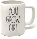 Rae Dunn White YOU GROW GIRL Coffee Tea Double Sided Mug with Cactus Plant Icon on Back