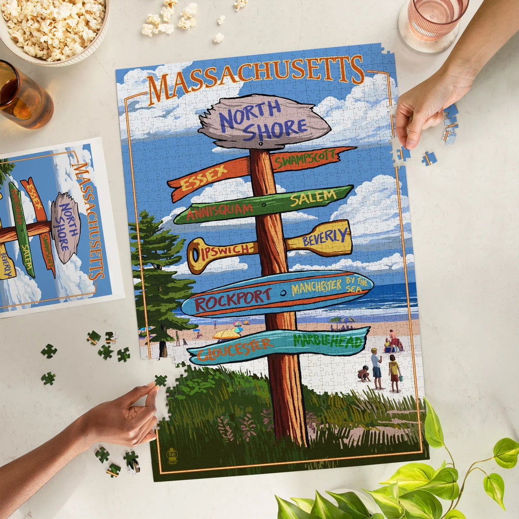 Stylish Lantern Press 1000 Piece Jigsaw Puzzle, North Shore, Massachusetts, Destinations Sign