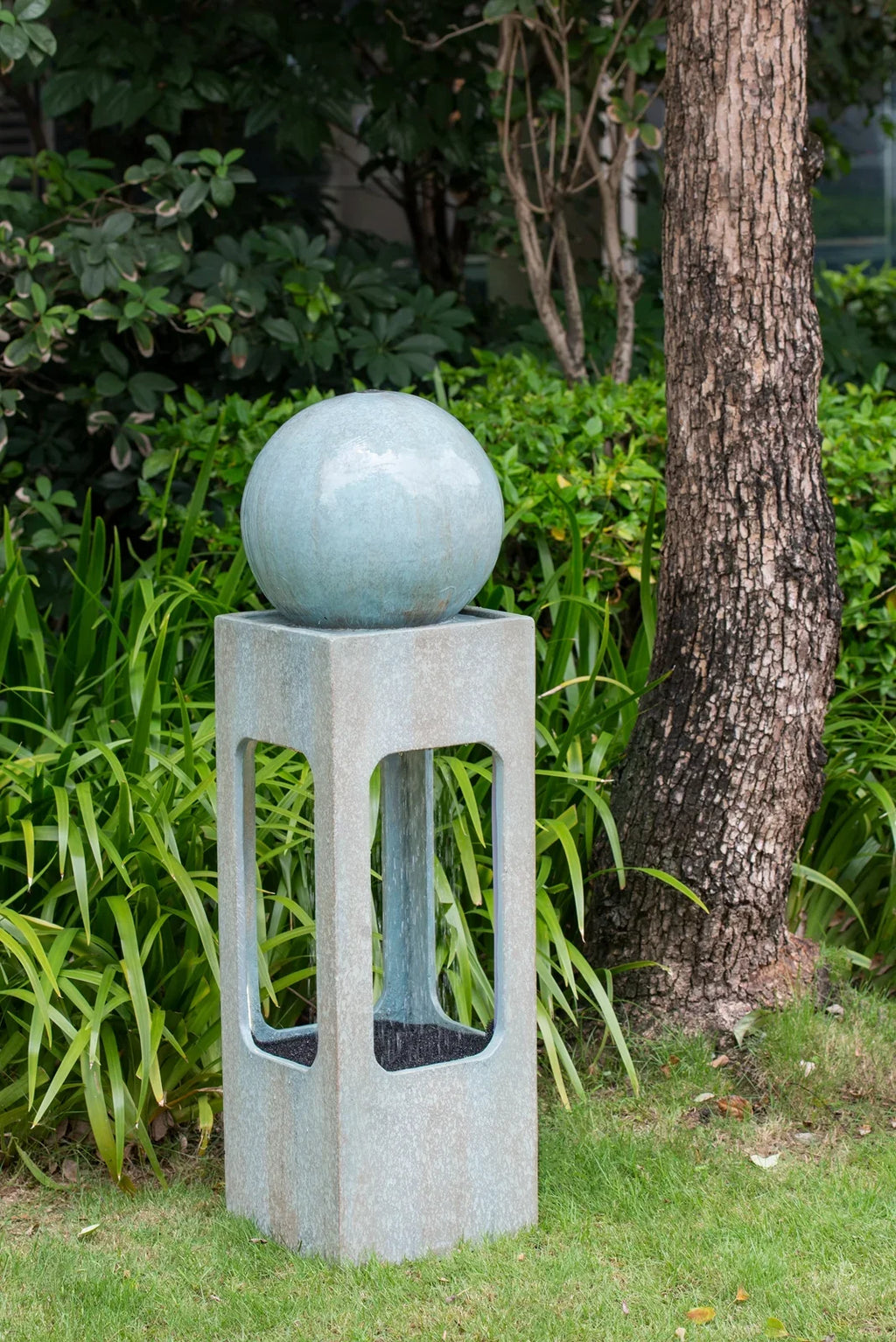 Homiyad 13X13X44" Tall Contemporary Sphere Outdoor Water Fountain, Cement/Concrete Outdoor Fountain, Antique Blue Raindrop Water Feature with Lamp for Garden, Lawn, Deck & Patio