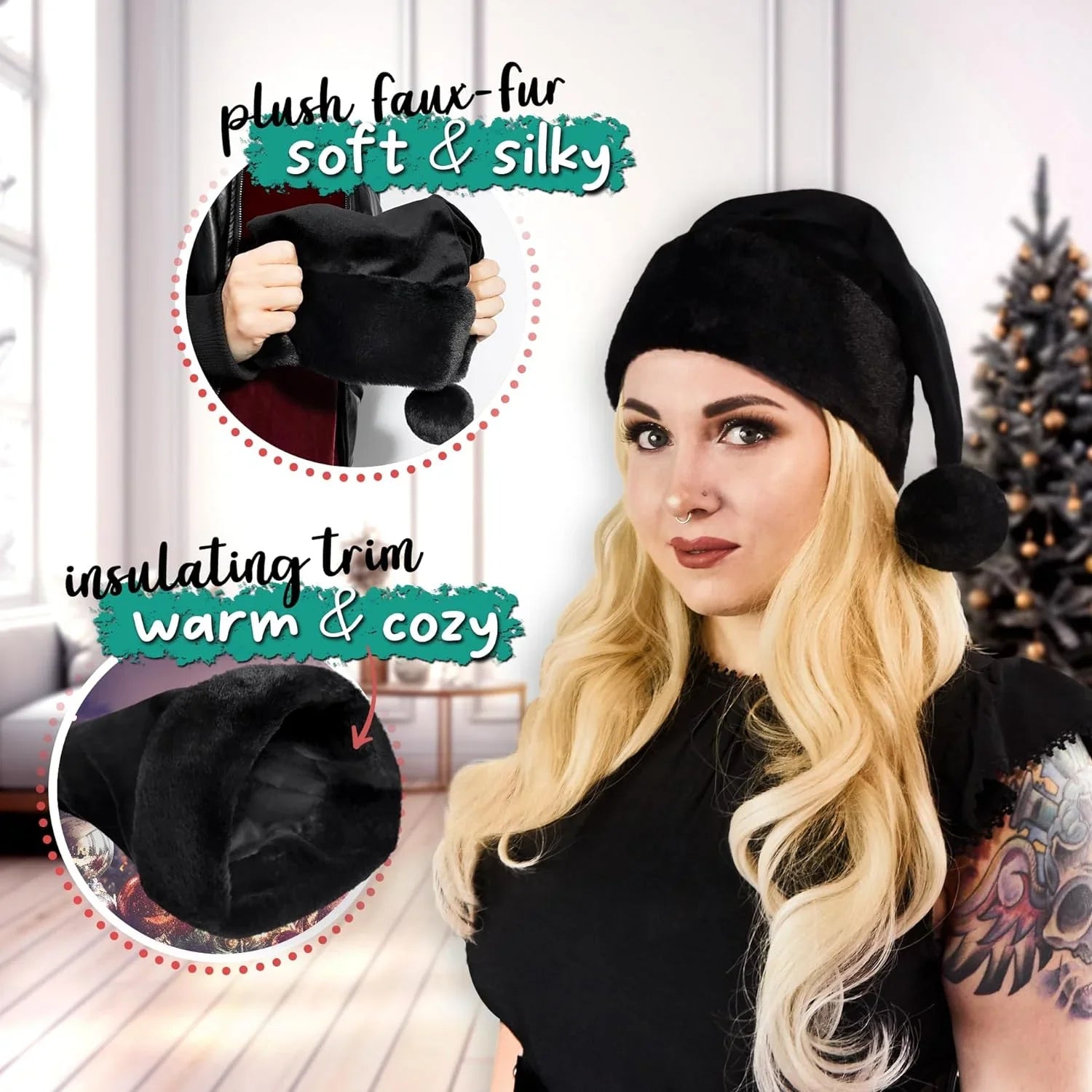 Stylish All Black Santa Hat - Faux Fur Black Trim - Gothic Xmas Accessory, Goth Christmas Hat - Adult, 1 Size