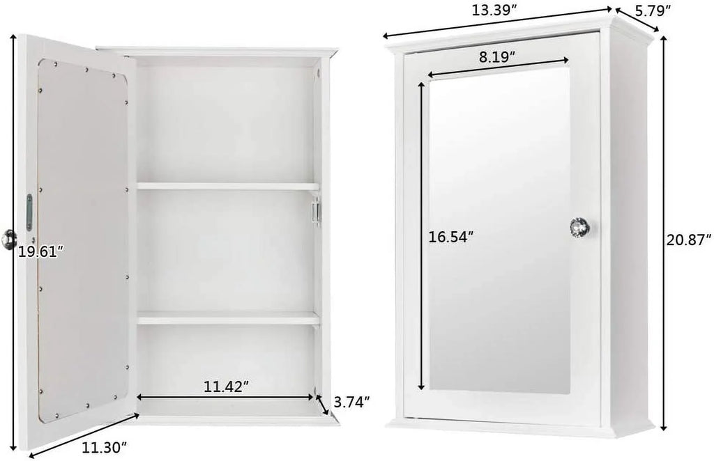 BSL Bathroom Cabinet Wall Mount Mirrored Medicine Cabinet Storage Organizer with Single Door and 2 Adjustable Shelves White
