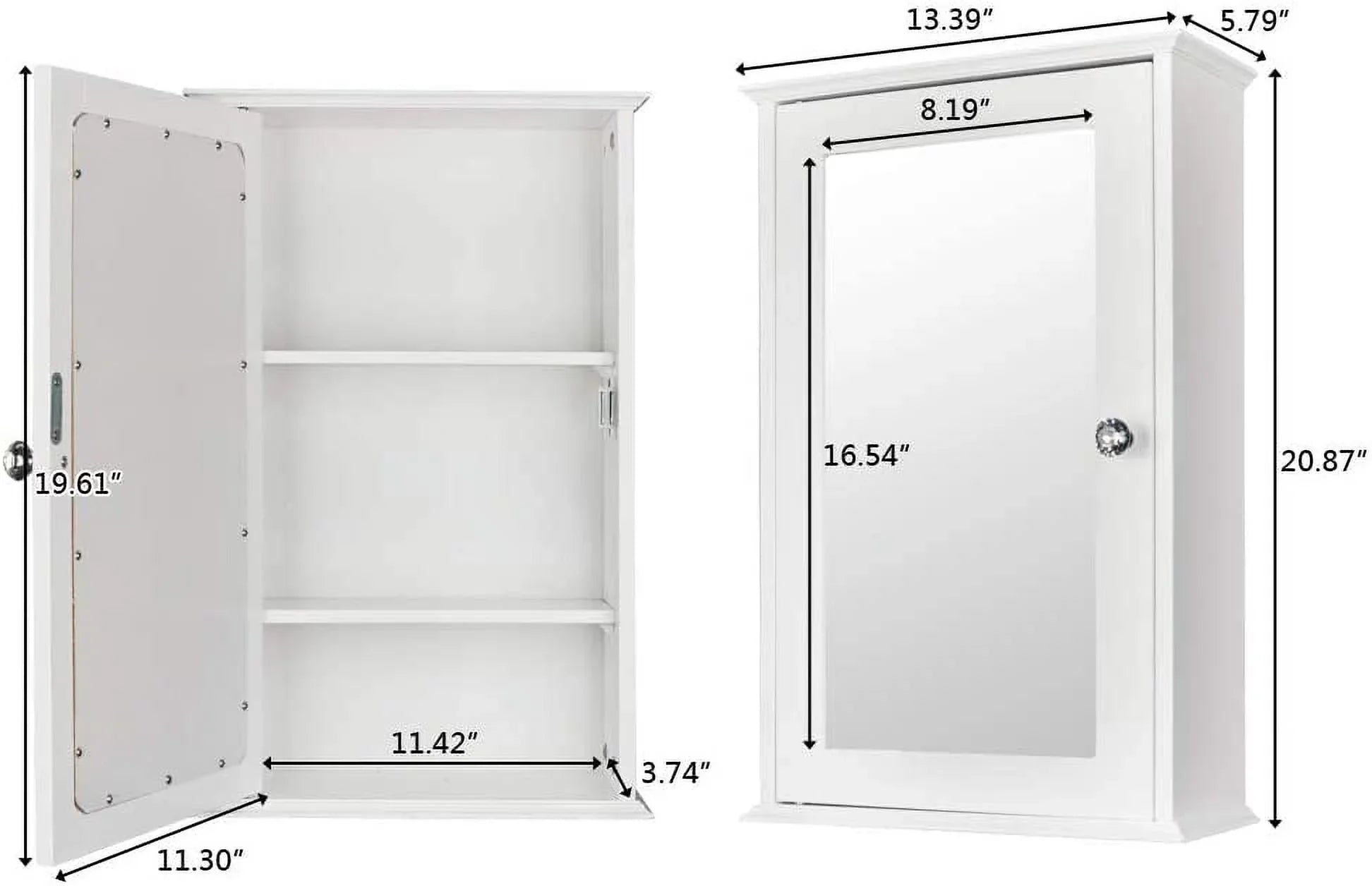 BSL Bathroom Cabinet Wall Mount Mirrored Medicine Cabinet Storage Organizer with Single Door and 2 Adjustable Shelves White