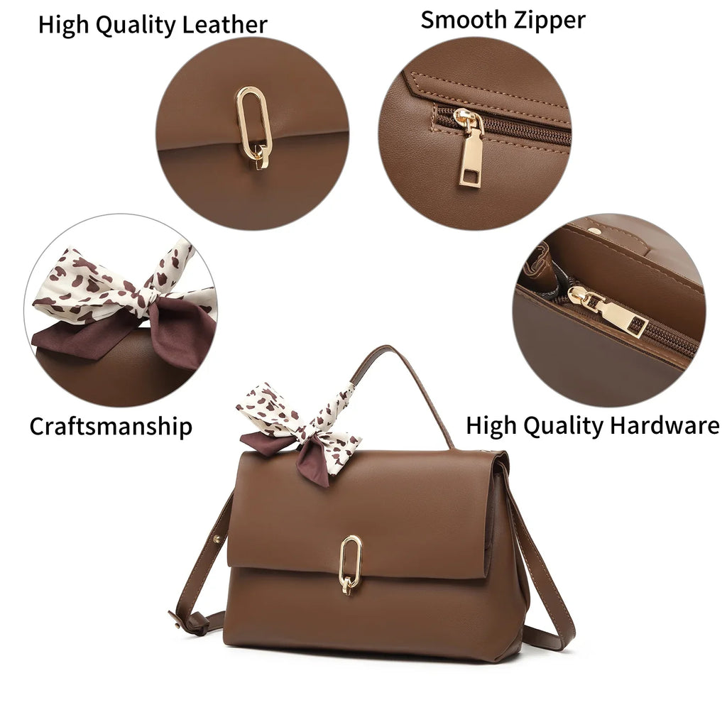 Brown crossbody bags women handbags ladies hand bags square bag Women's Silk Scarf Handle PU Leather Flap Shoulder Bag