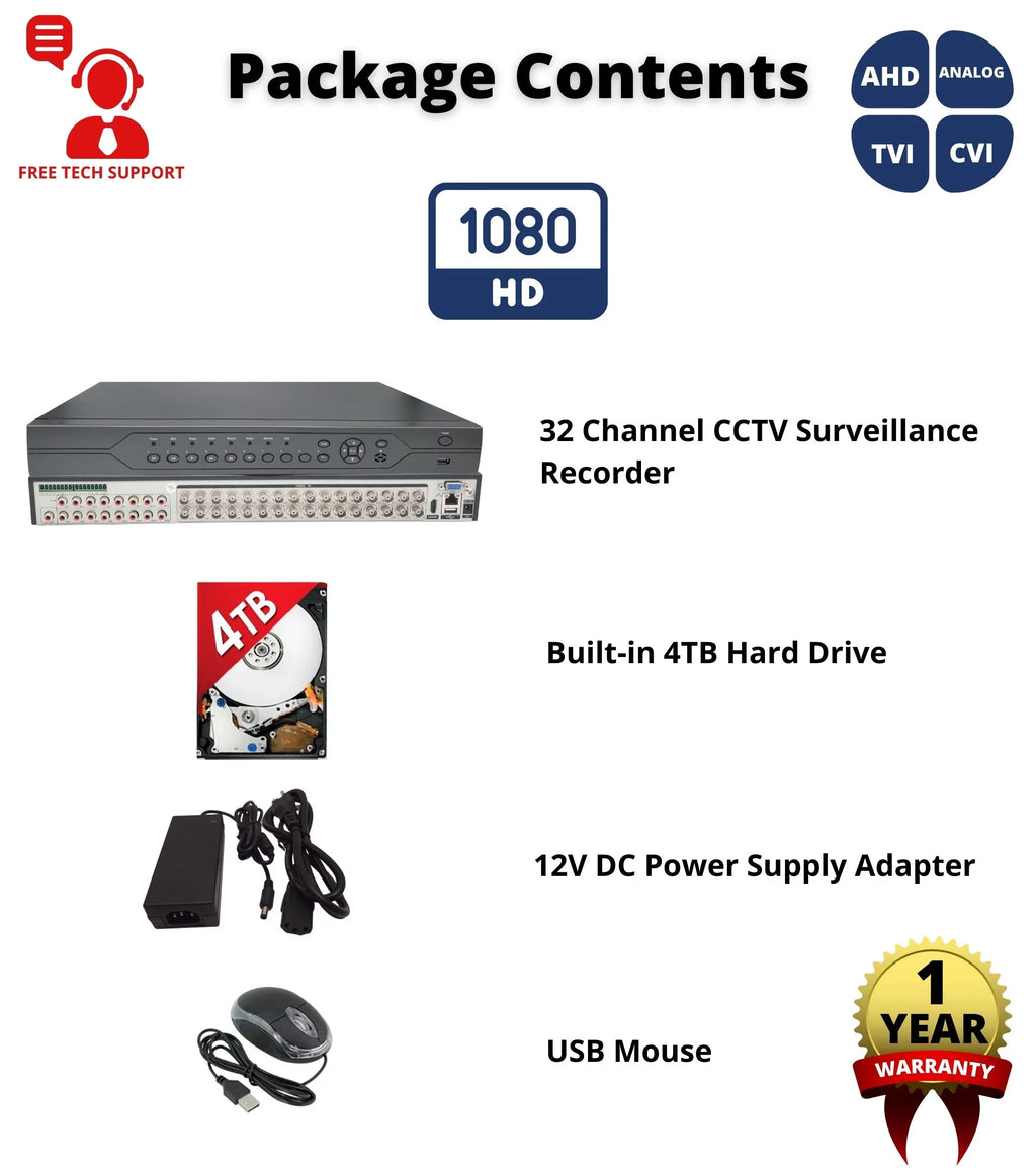 Evertech 32 Channel DVR with 4TB H.265 Digital Video Recorder for CCTV Security Surveillance Camera System - Exclusive Design