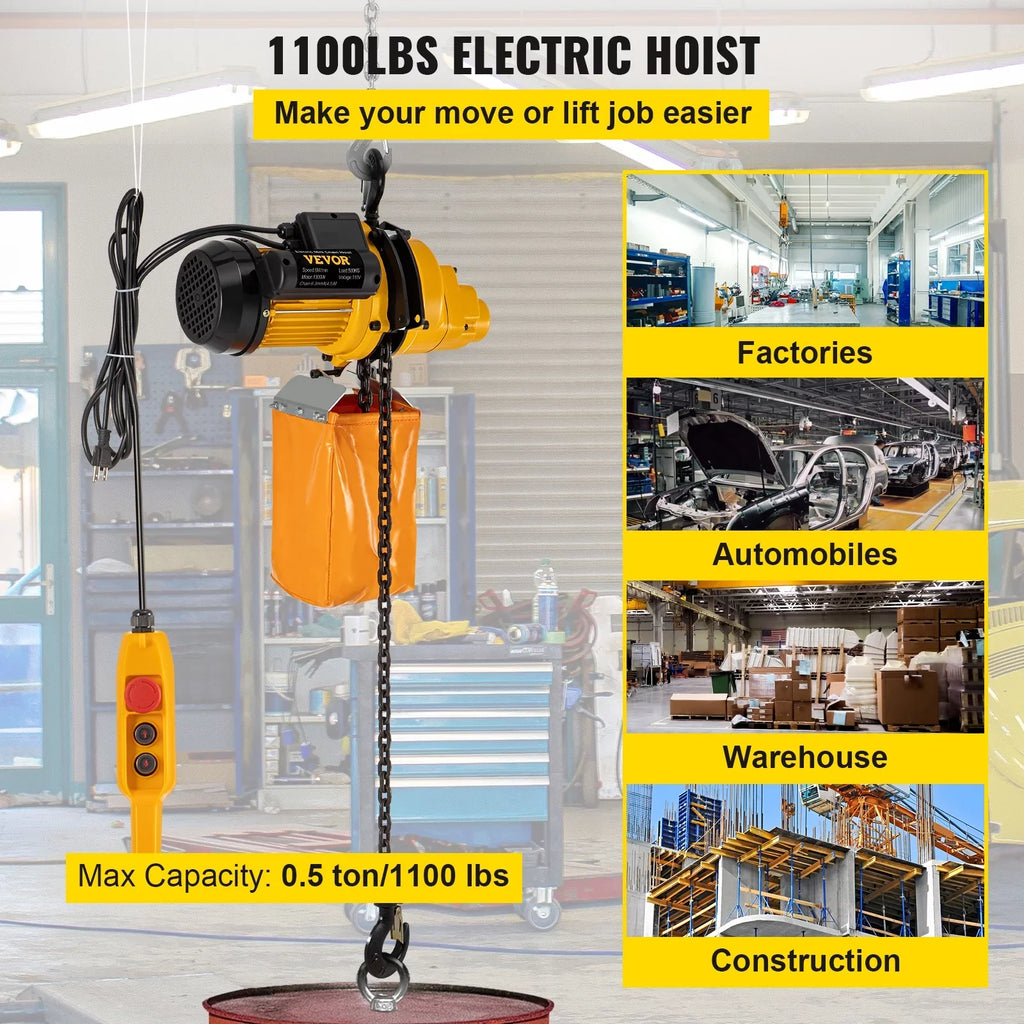 VEVOR Lift Electric Hoist, 1100 lbs Electric Winch w/ 10ft Wired Remote Control, 110V Overhead Crane Garage Ceiling Pulley Winch of 14.8ft Lift Height, Used In Factories, Warehouses, Construction - Exclusive Design