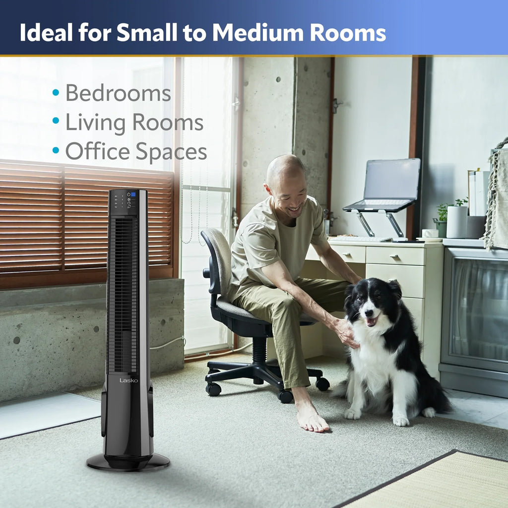 Stylish Lasko 38" 4-Speed Hybrid Tower Fan with Timer, Remote Control, Black/Silver, T38415, New