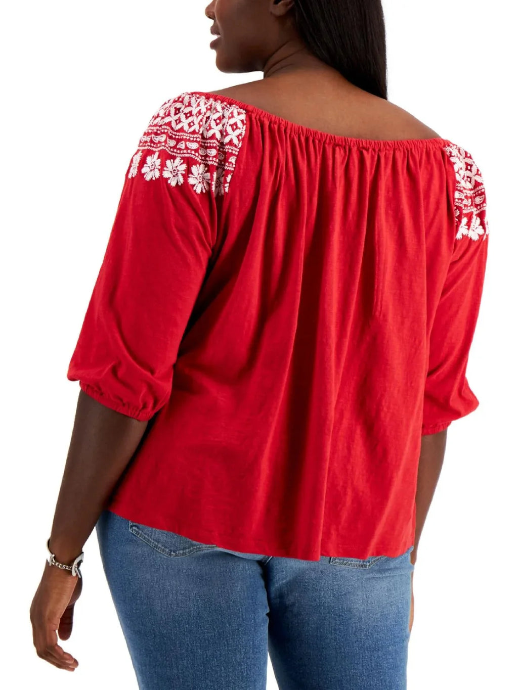 Tommy Hilfiger Women's Off The Shoulder Embroidered Top Red Size 3X - Exclusive Design