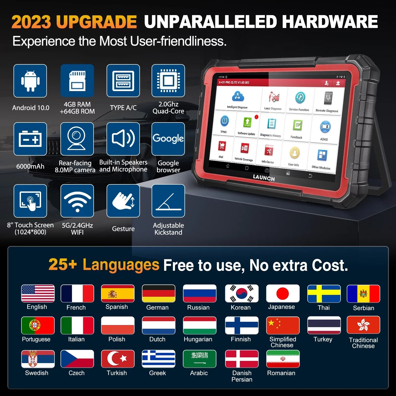 LAUNCH X431 PRO ELITE Automotive Diagnostic Scan Tool, All Systems Bi-Directional Auto Car Scanner with 32+ Services, ECU Coding, CANFD DOIP, FCA Autoauth, 2 Years Free Update - Exclusive Design