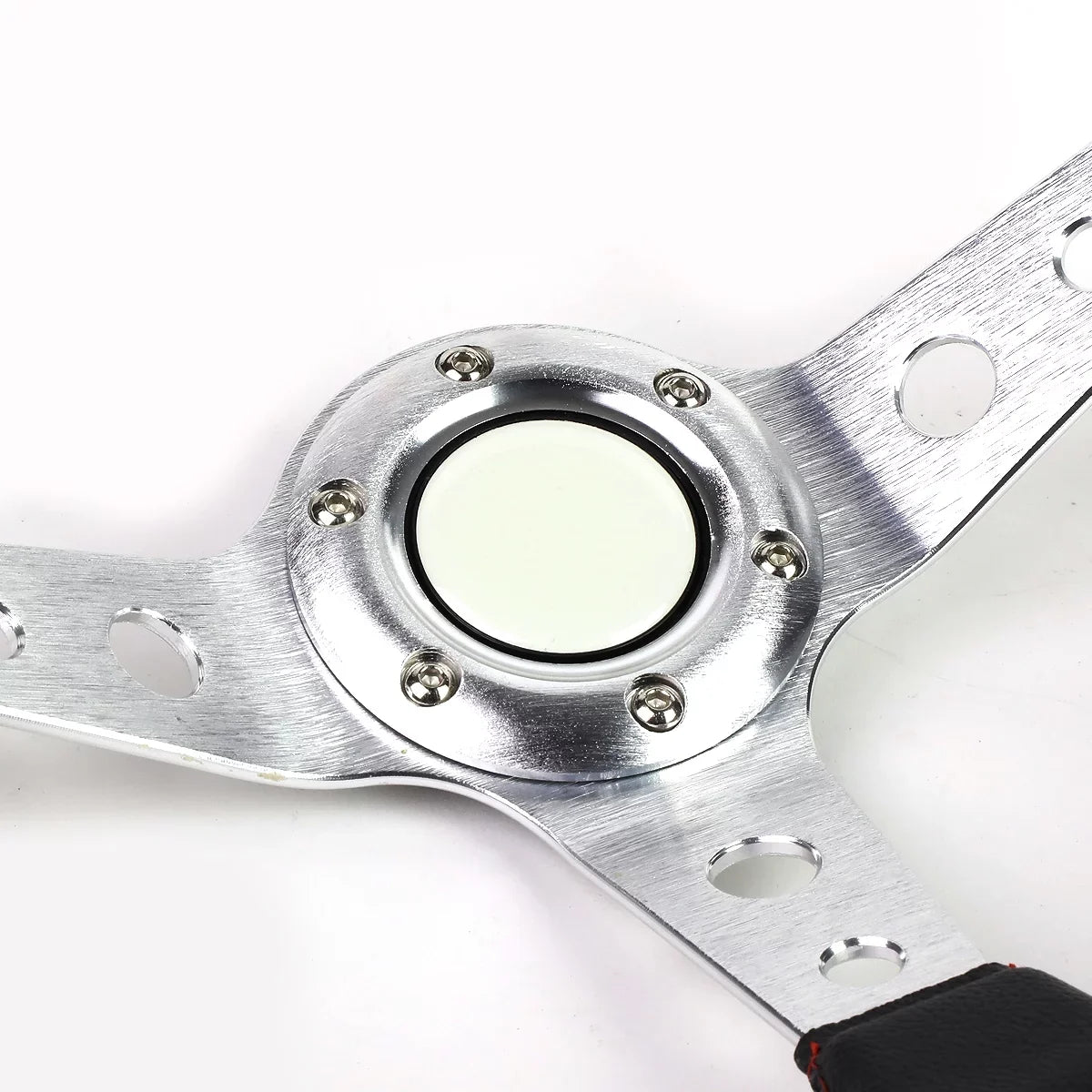 Stylish DNA Motoring SW-T520-SL-RD 350mm Silver 6-Bolt Spoke Red Stitched PVC Leather Racing Steering Wheel