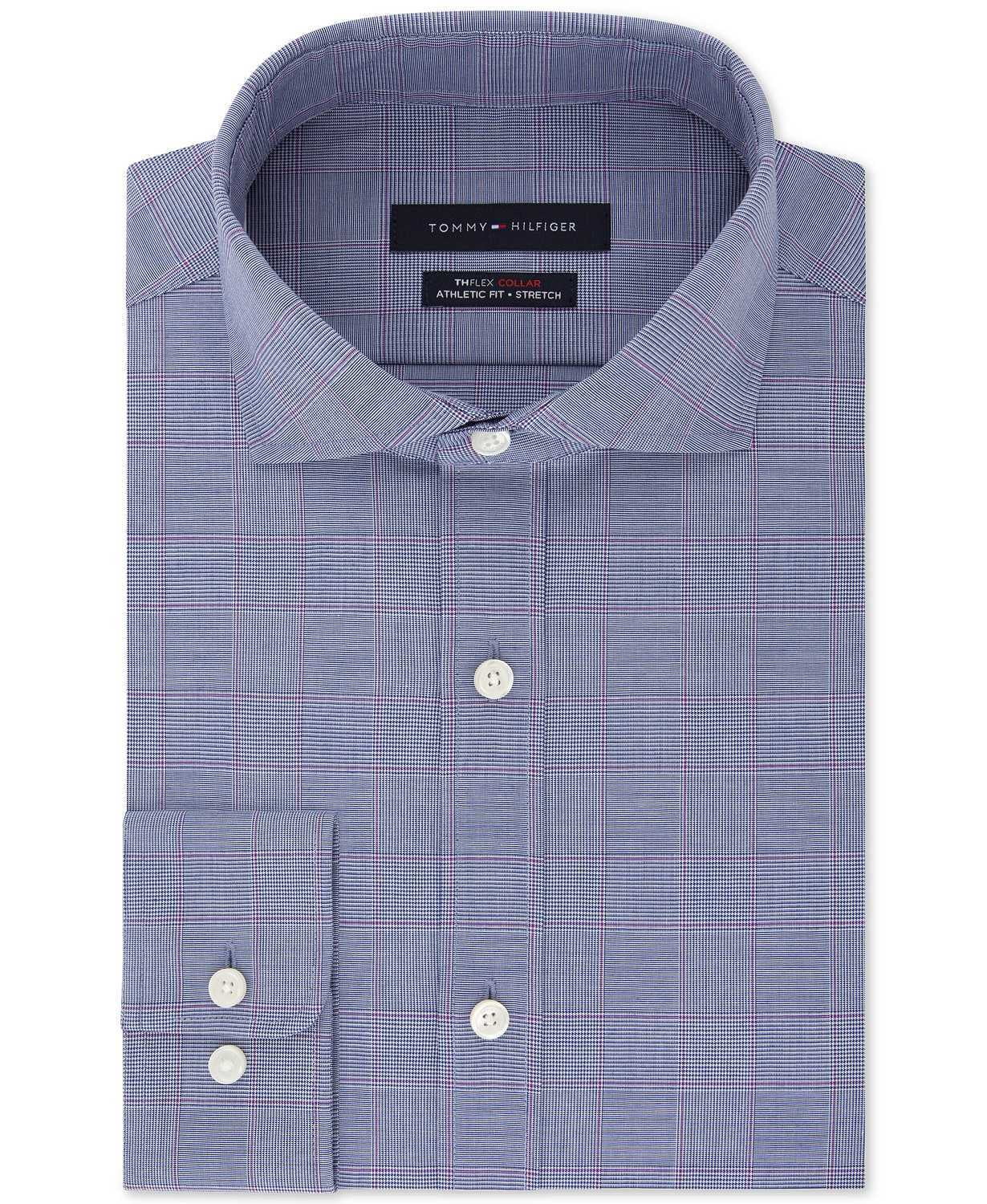 Tommy Hilfiger Menâs Fitted TH Flex Performance Stretch Moisture-Wicking Purple Check Dress Shirt(Purple, 15.5X34-35