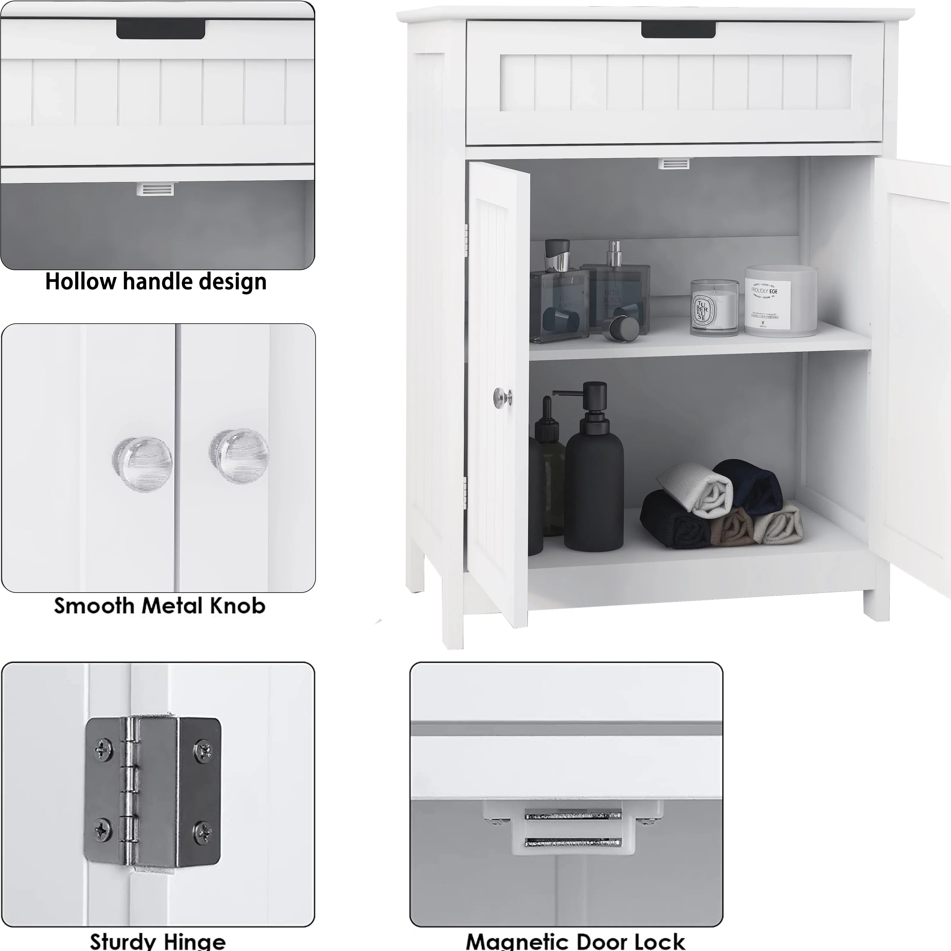 Stylish Versatile Bathroom Floor Cabinet in White Freestanding Wood Storage Organizer 2 Doors, 1 Drawer Adjustable Shelf Elegant Design for Bathroom and Living Room.