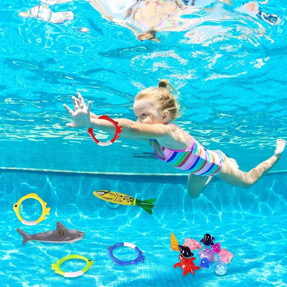 Playoza Summer Pool Diving Swimming Toys for Kids,Fun Swim Games Set, Underwater Dive Gifts with Storage Bag,20 Pack Swimming Pool Toys Swim Learning & Diving Skill Development for Boys Girls - Exclusive Design