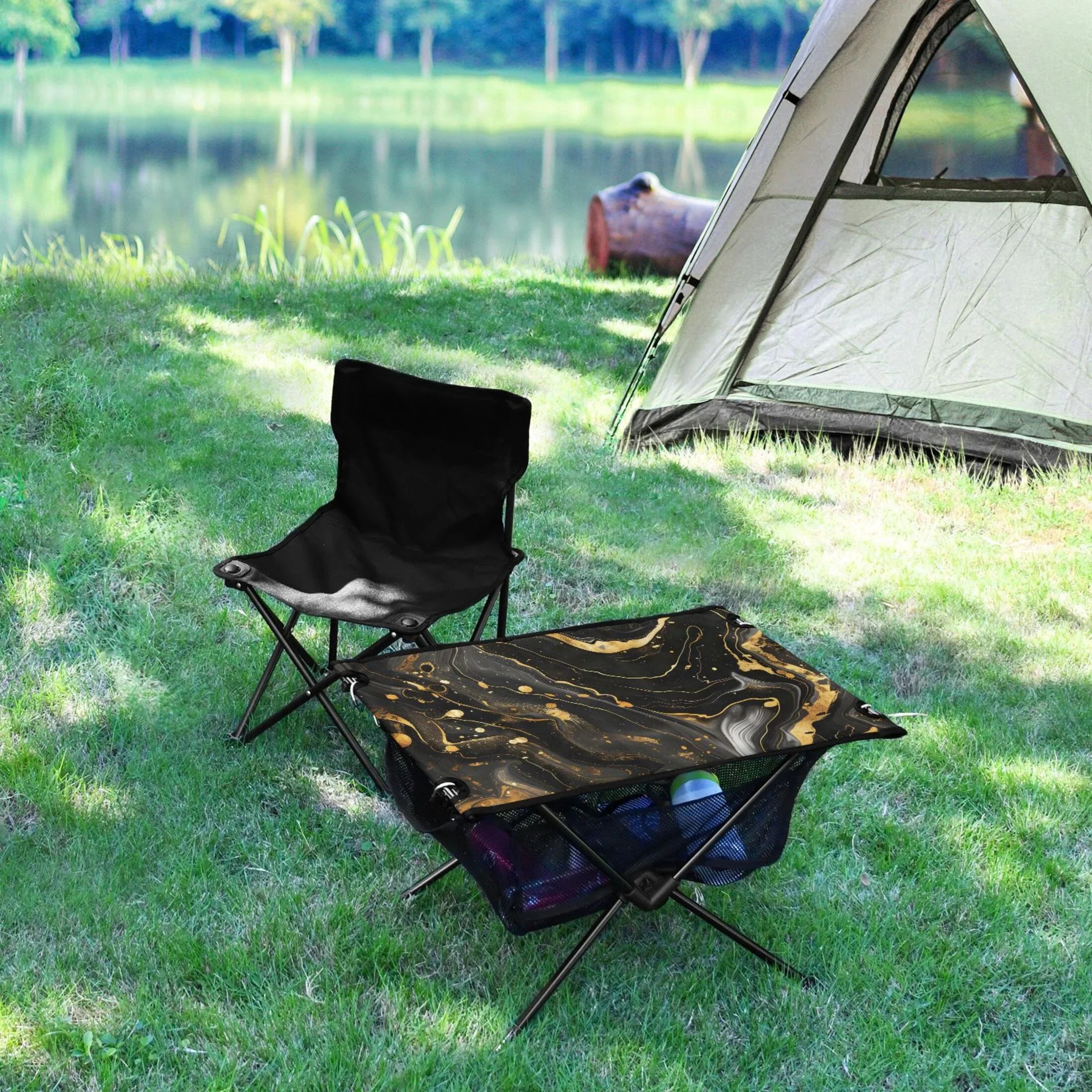 Luxury Black and Gold Marble Camping Folding Table Portable Beach Table with Storage Bag Compact Picnic Table for Outdoor Travel Fishing BBQ