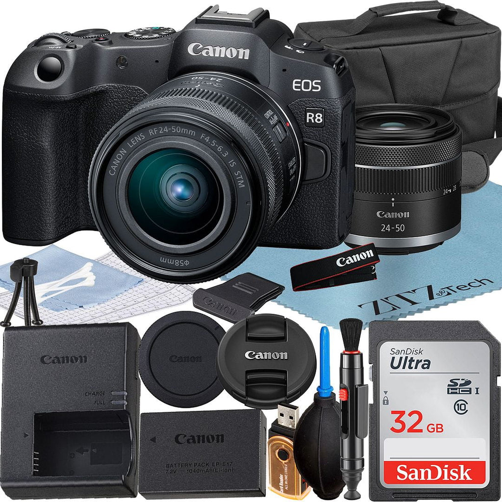 Canon EOS R8 Mirrorless Camera with RF 24-50mm Lens + SanDisk 32GB Memory Card + Case + LED Flash + ZeeTech Accessory Bundle - Exclusive Design