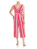Stylish KARL LAGERFELD Womens Pink Zippered Pocketed Self Tie Sash Striped Sleeveless Surplice Neckline Wear To Work Wide Leg Jumpsuit 2
