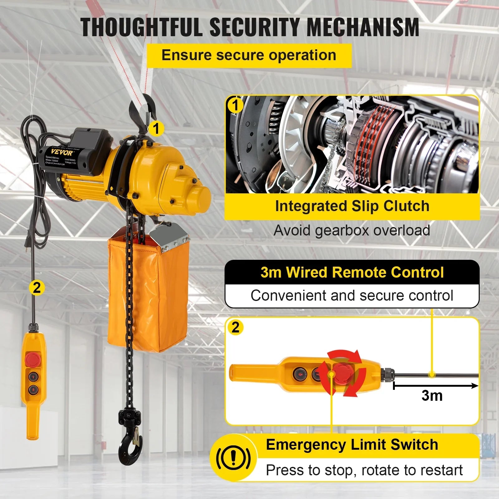 VEVOR Lift Electric Hoist, 1100 lbs Electric Winch w/ 10ft Wired Remote Control, 110V Overhead Crane Garage Ceiling Pulley Winch of 14.8ft Lift Height, Used In Factories, Warehouses, Construction - Exclusive Design