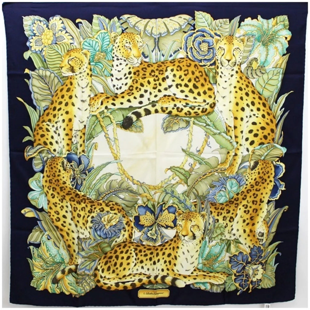 Stylish Pre-Owned Salvatore Ferragamo silk scarf leopard print plant pattern navy x ivory ladies (Good)