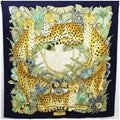 Stylish Pre-Owned Salvatore Ferragamo silk scarf leopard print plant pattern navy x ivory ladies (Good)