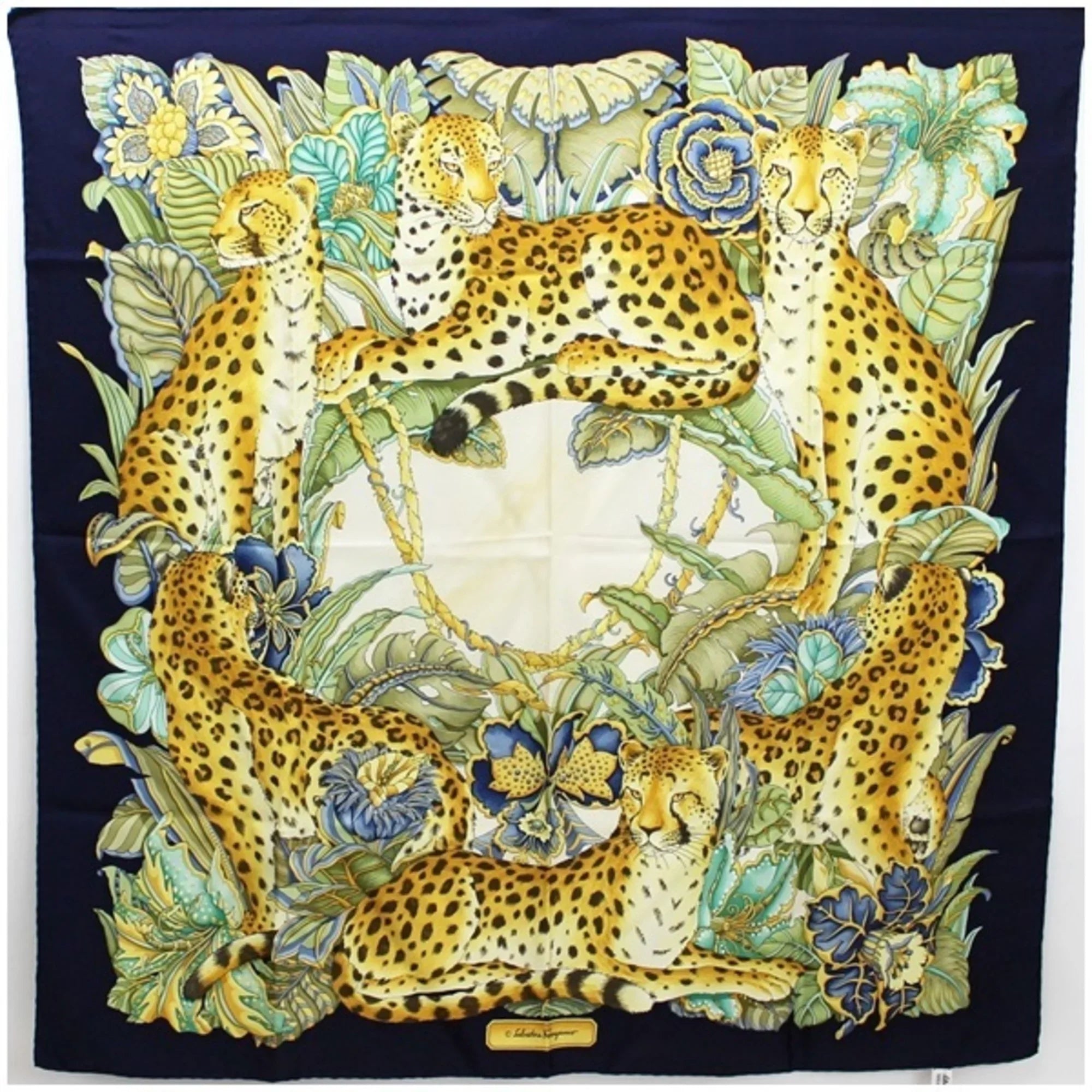 Stylish Pre-Owned Salvatore Ferragamo silk scarf leopard print plant pattern navy x ivory ladies (Good)