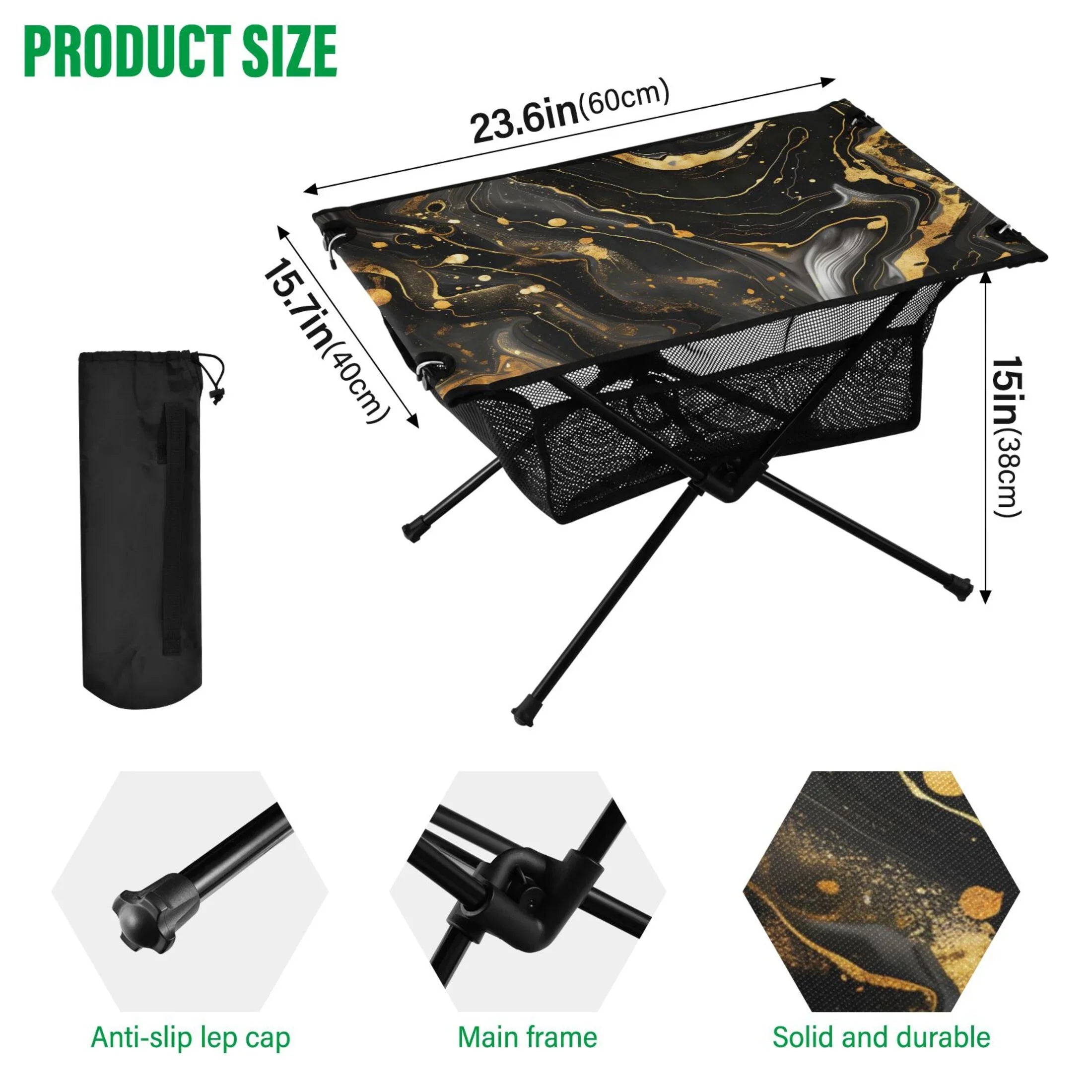 Luxury Black and Gold Marble Camping Folding Table Portable Beach Table with Storage Bag Compact Picnic Table for Outdoor Travel Fishing BBQ