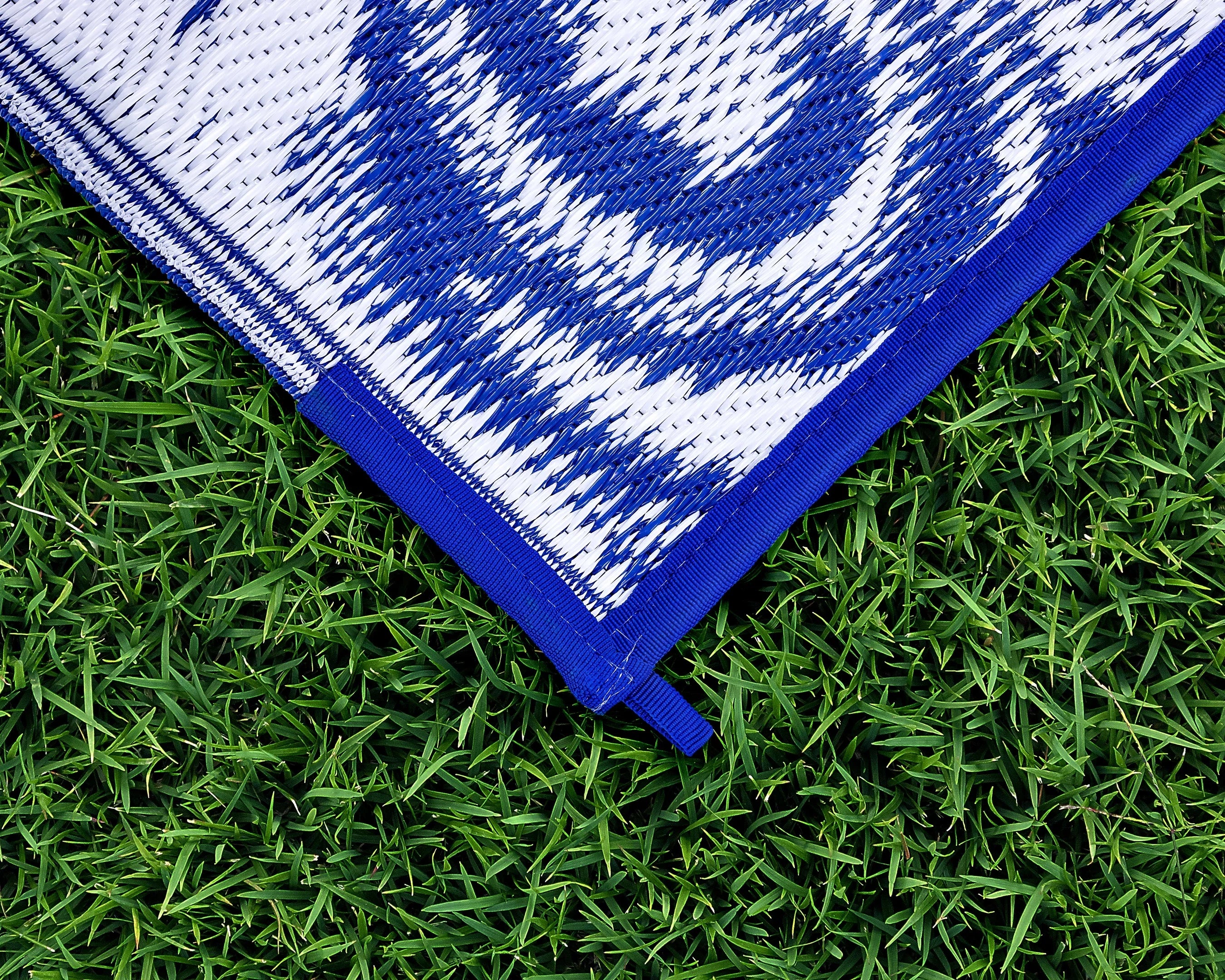 Stylish Camco 8' x 16' Reversible RV Outdoor Mat, Perfect Outdoor Accessory for RVing, Camping, Picnicking, and the Beach - Blue Swirl (42841)