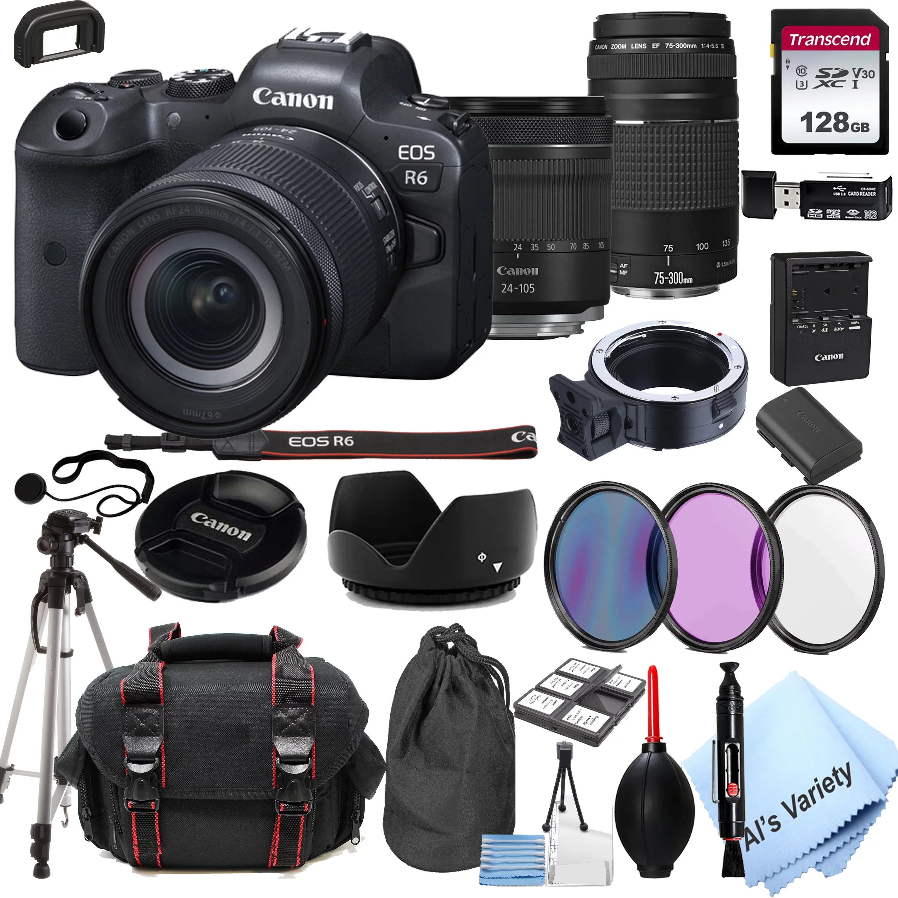 Stylish Canon EOS R6 Mirrorless Digital Camera W/ 24-105mm f/4-7.1 Lens+75-300mm F/4-5.6 III Lens+128GB Memory+Case+Filters+Tripod(26pc Bundle)