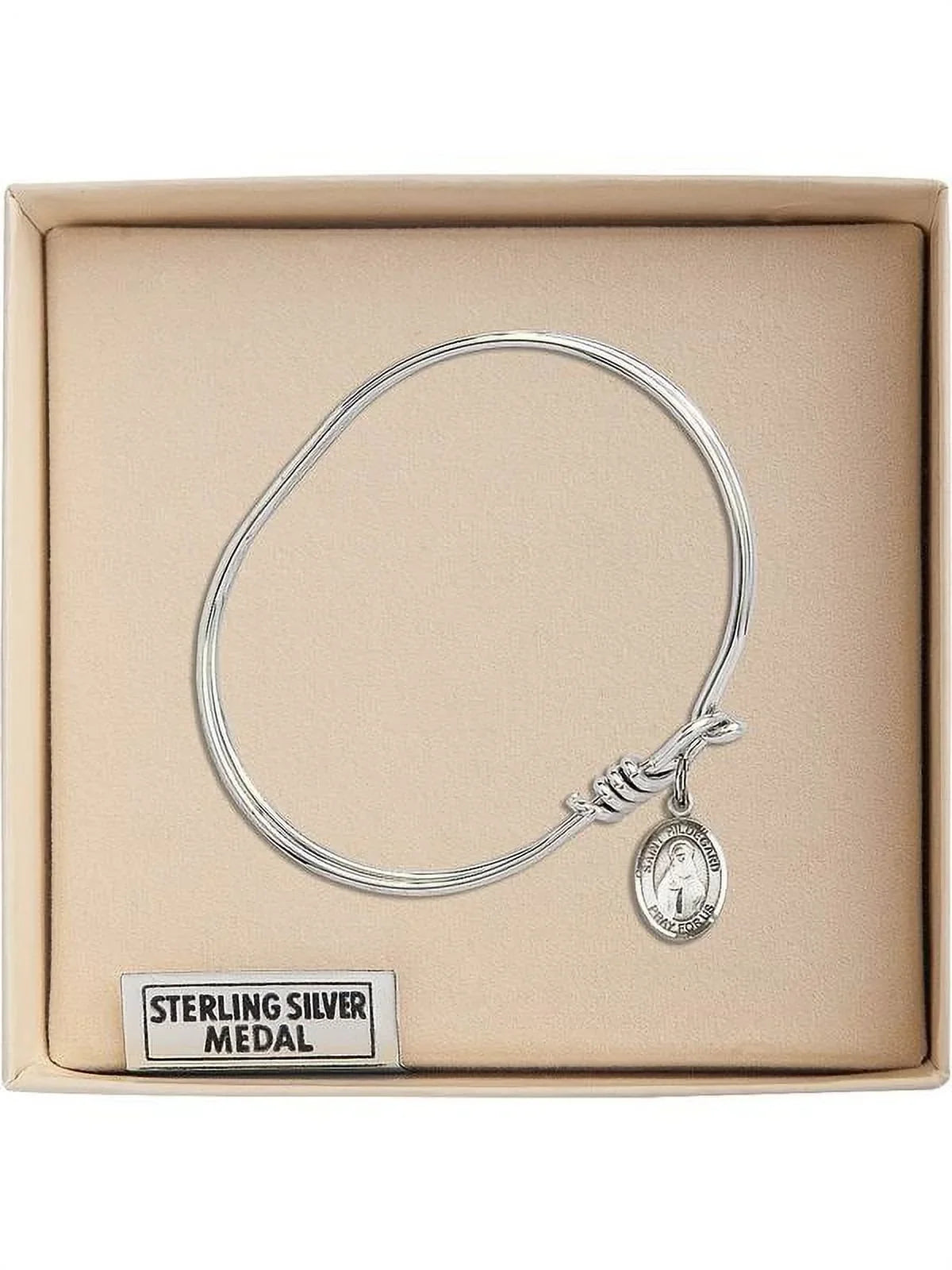 5 3/4 inch Oval Eye Hook Bangle Bracelet w/ St. Hildegard von Bingen in Sterling Silver - Exclusive Design