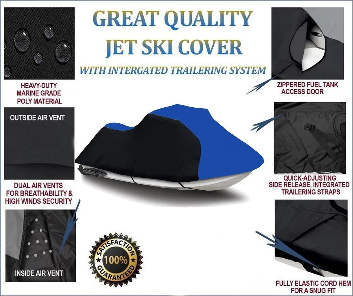 BLACK / BLUE HEAVY-DUTY, TOP OF THE LINE Cover Compatible for Kawasaki Jet Ski ST 1993 1994 1995 1996 1997 1998 / STS 1995 1996 1997 1998 2001 2002 PWC Trailerable Cover Jet Ski Cover