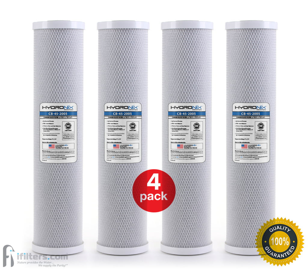 4 Pack - Hydronix CB-45-2005 CTO Whole House Coconut Shell Carbon Block Water Filters Big Blue Size 20" x 4.5", 5 micron