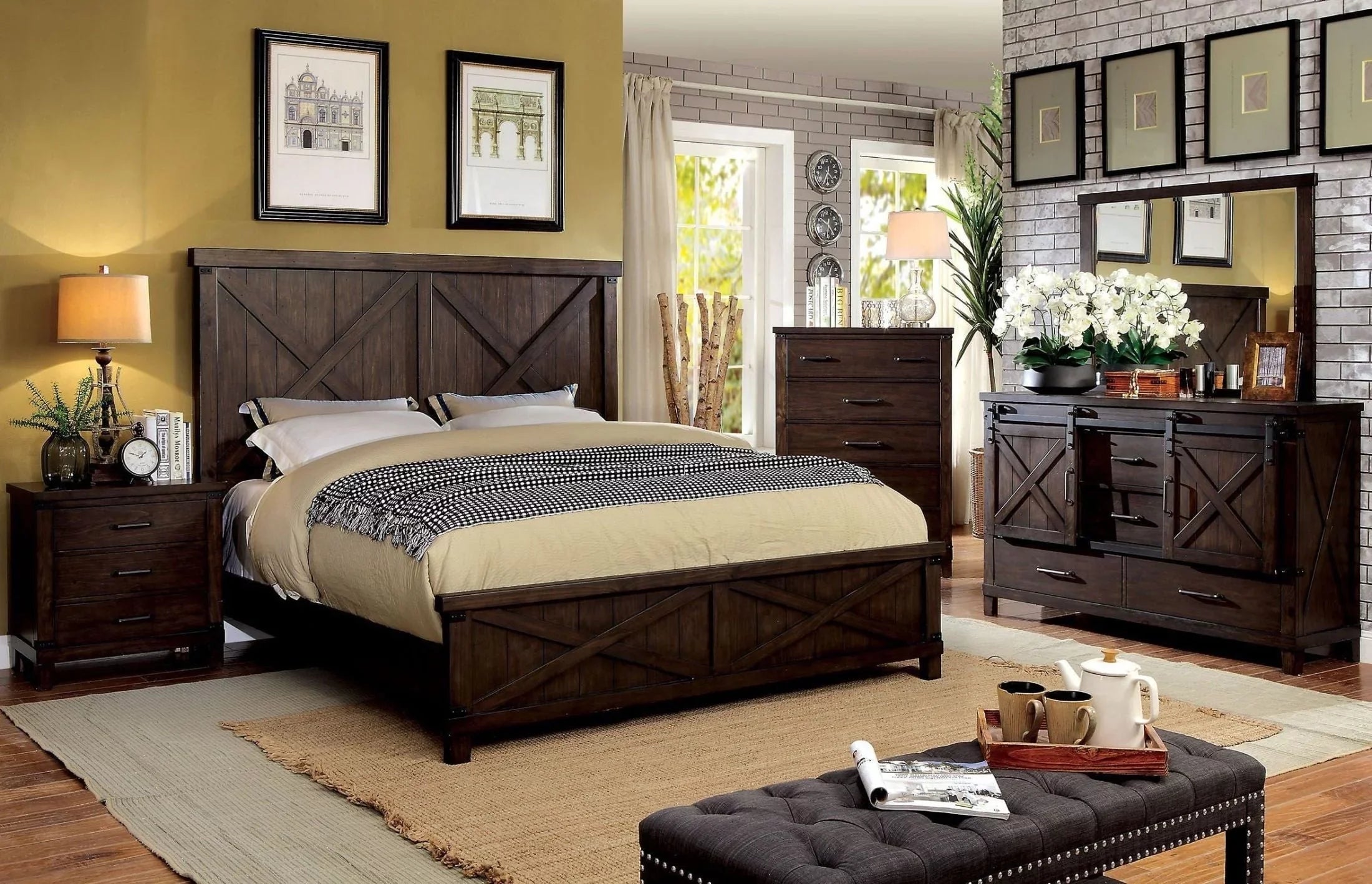 Stylish Rustic Style Dark Walnut Transitional Bedroom Furniture 1pc Bed Plank Style HB FB Eastern King Size Bed Solid Wood