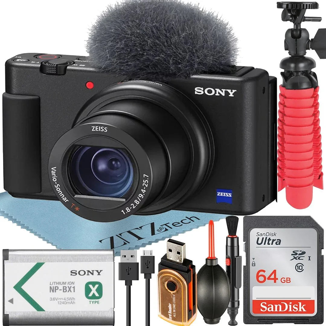 Stylish Sony ZV-1F Vlogging Camera (Black) with SanDisk 64GB Memory Card + ZeeTech Accessory Bundle
