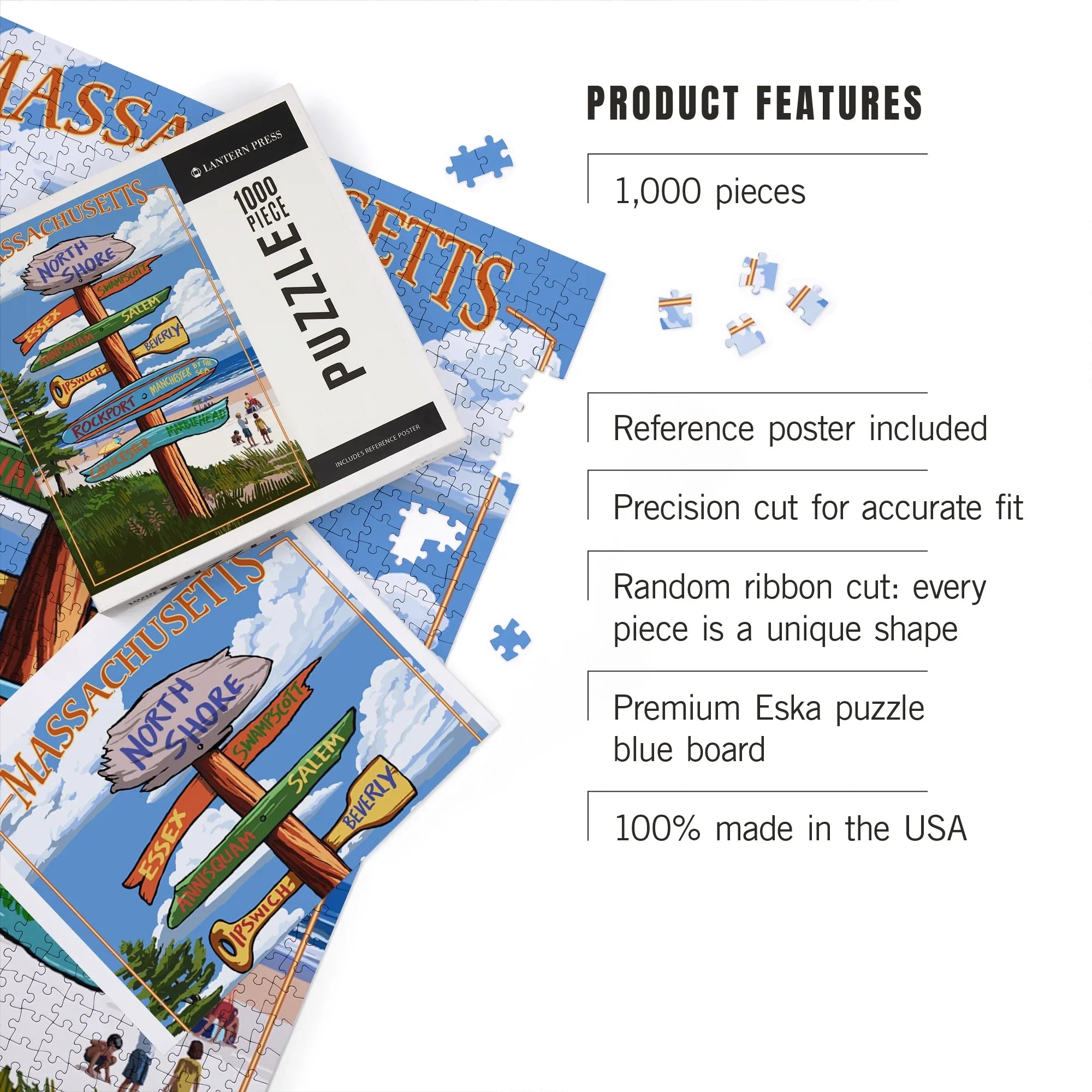 Stylish Lantern Press 1000 Piece Jigsaw Puzzle, North Shore, Massachusetts, Destinations Sign