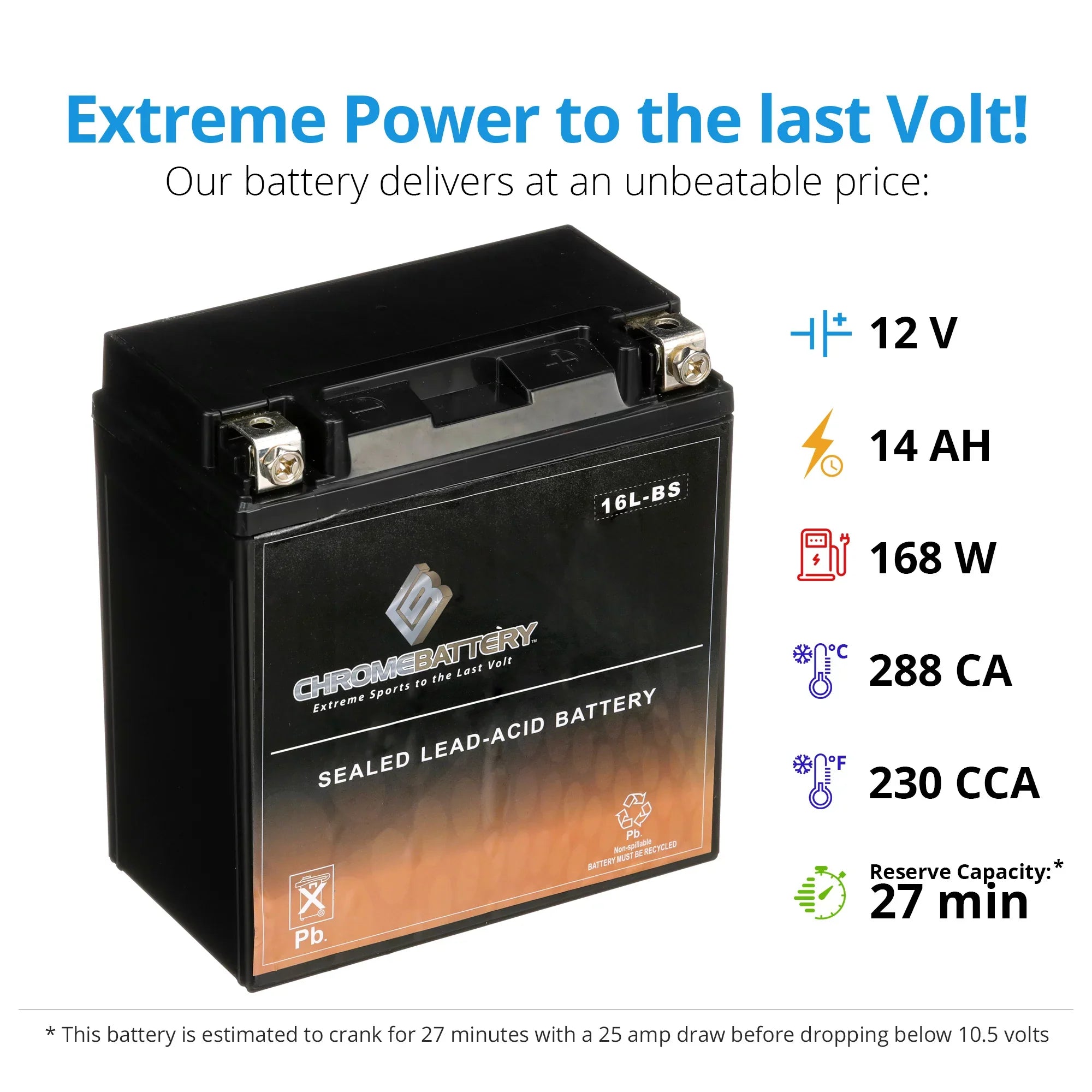 Chrome Battery YTX16L-BS (16L-BS 12 Volt,14 Ah, 230 CCA) Jet Ski Battery for Yamaha Wave Runner 1995