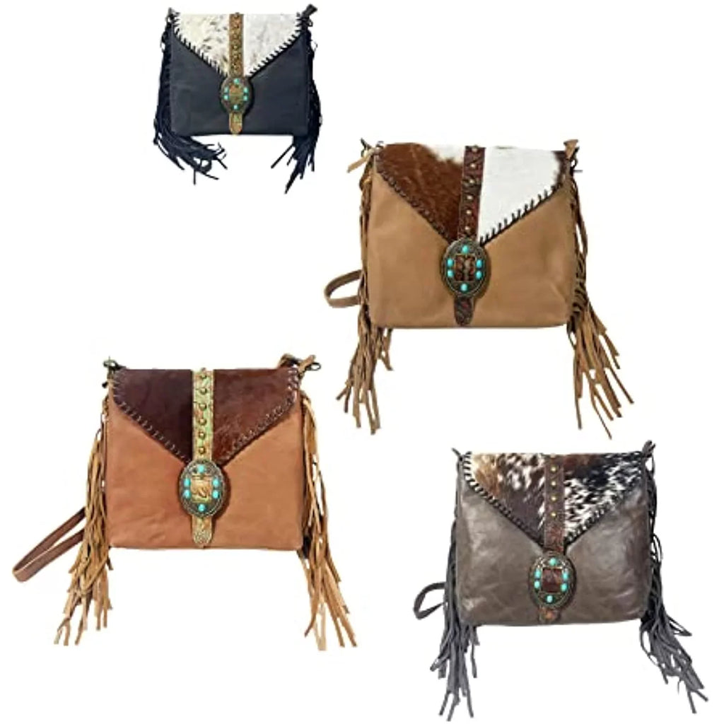 Stylish Urbalabs Western Crossbody Fringe Buckle Cowhair Leather Messenger Teal Stone Tooled Tote Bag Hand Stitched Purses (Blue)
