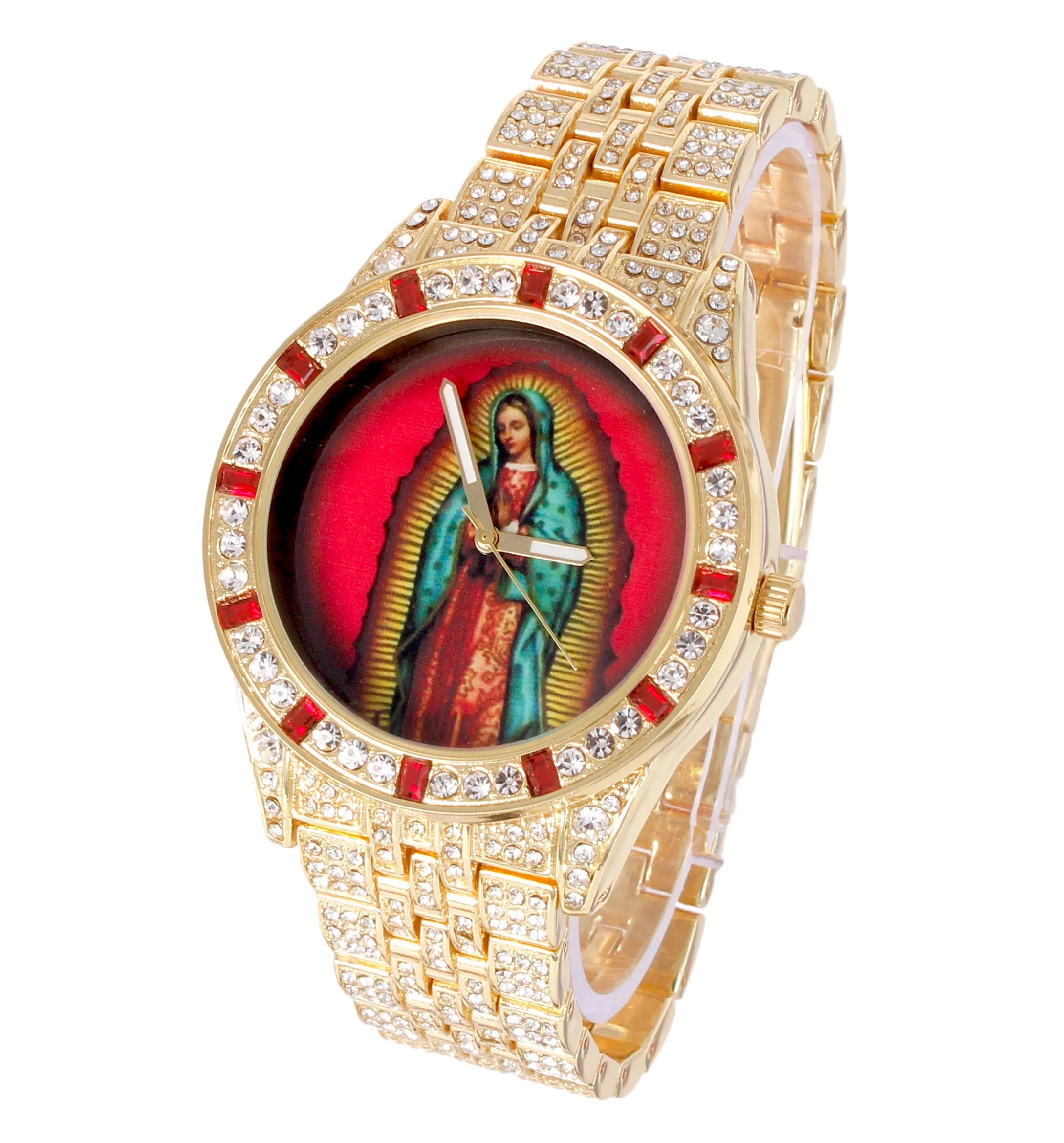 Charles Raymond The Virgin of Guadalupe Blessed Dial - Mens Hip Hop Metal Blinged Out Iced Out Wristwatch - Blood Red Baguettes and Clear Rhinestones on Trim - ST10226 BGS Single (Gold ST10361B)
