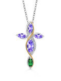 Stylish Gem Stone King 925 Silver and 10K Yellow Gold Marquise Blue Tanzanite Green Nano Emerald and Lab Grown Diamond Cross Pendant Necklace For Women (1.48 Cttw, with 18 inch Chain)