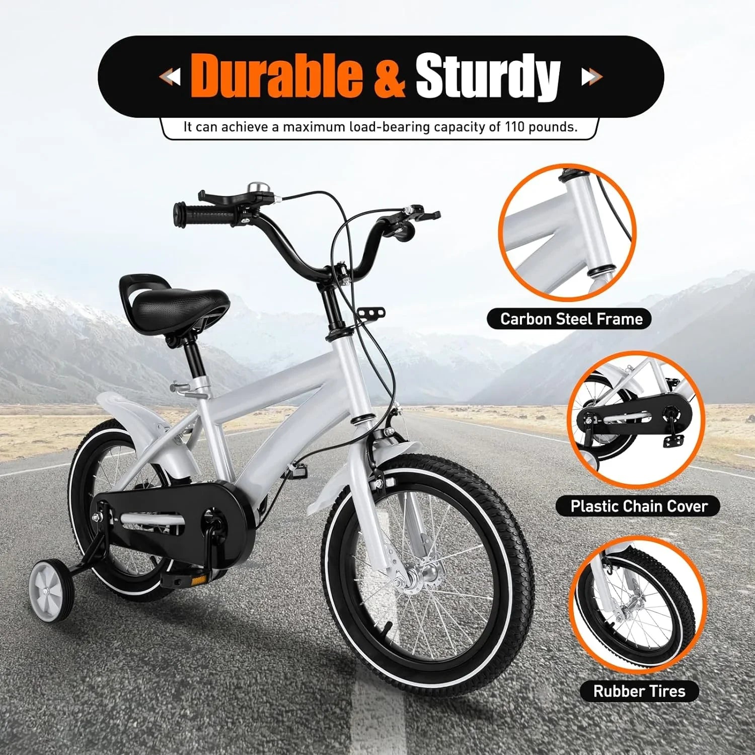 14 Inch White Kids Bike Kids Mountain Bike, Bicycle for Kids 2-4, Bicycle with Training Wheels, Adjustable Height Kids Bike for Boys/Girls, Multiple Colors - Exclusive Design