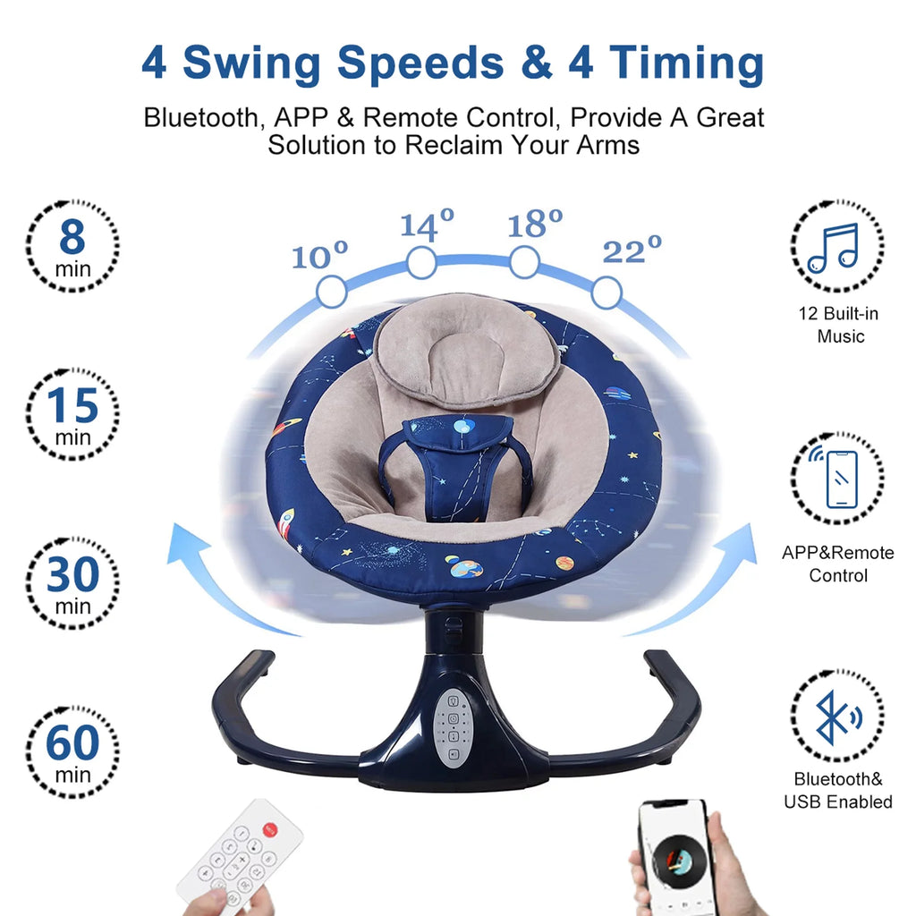 Baby Swings for Infants, Bluetooth Infant Swing with Music Speaker with 3 Seat Positions, 4 Speeds and Remote Control - Portable Baby Swing for Indoor and Outdoor, Blue