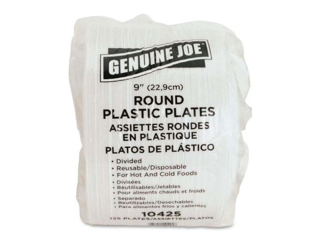 Genuine Joe 3-section Round Plastic Plates, 9", 125 Pack, GJO10425 - Exclusive Design