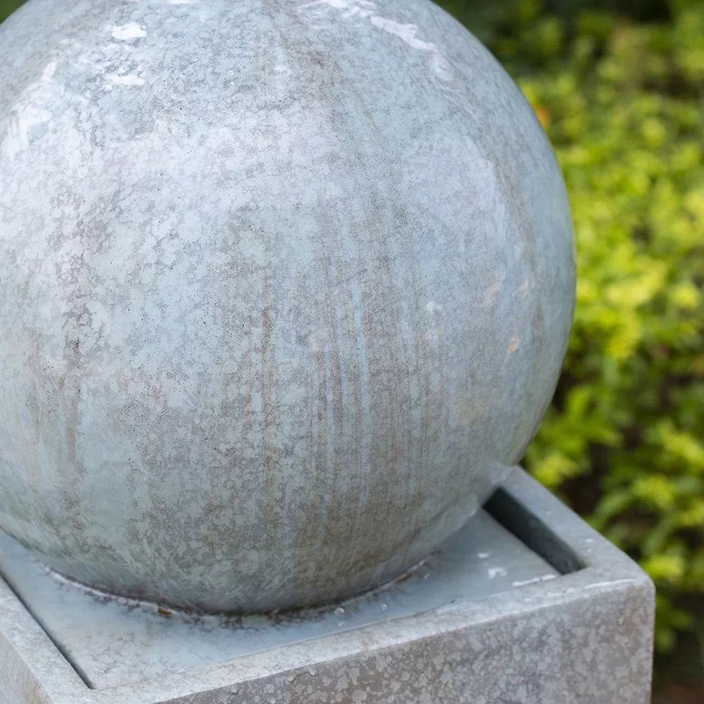 CoSoTower 13X13X44" Tall Contemporary Sphere Outdoor Water Fountain, Cement/Concrete Outdoor Fountain, Antique Blue Raindrop Water Feature with Light for Garden, Lawn, Deck & Patio - Exclusive Design